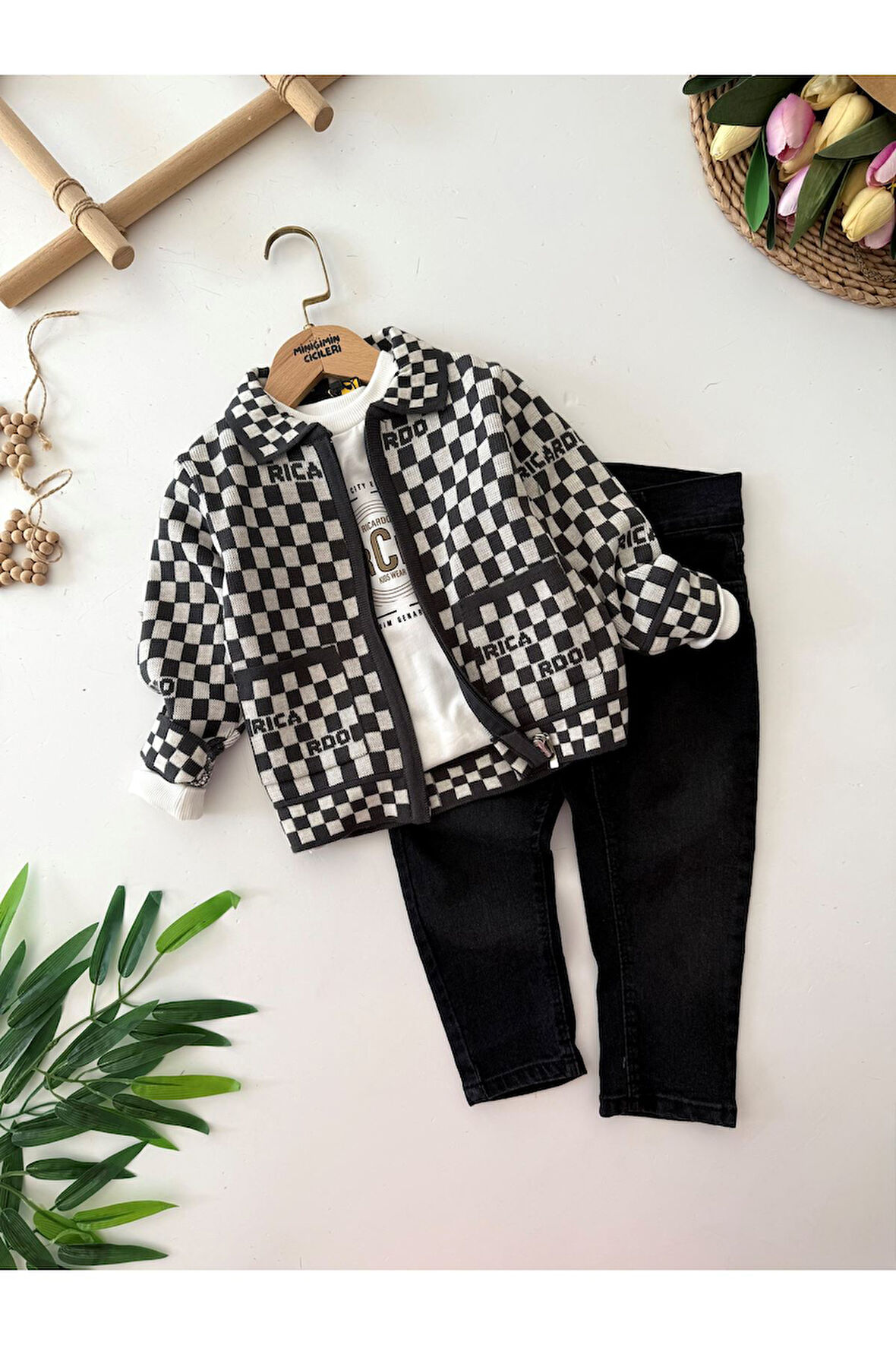 Miniğimin Cicileri Damalı Triko Hırkalı Erkek Çocuk 3 lü Takım - Antrasit