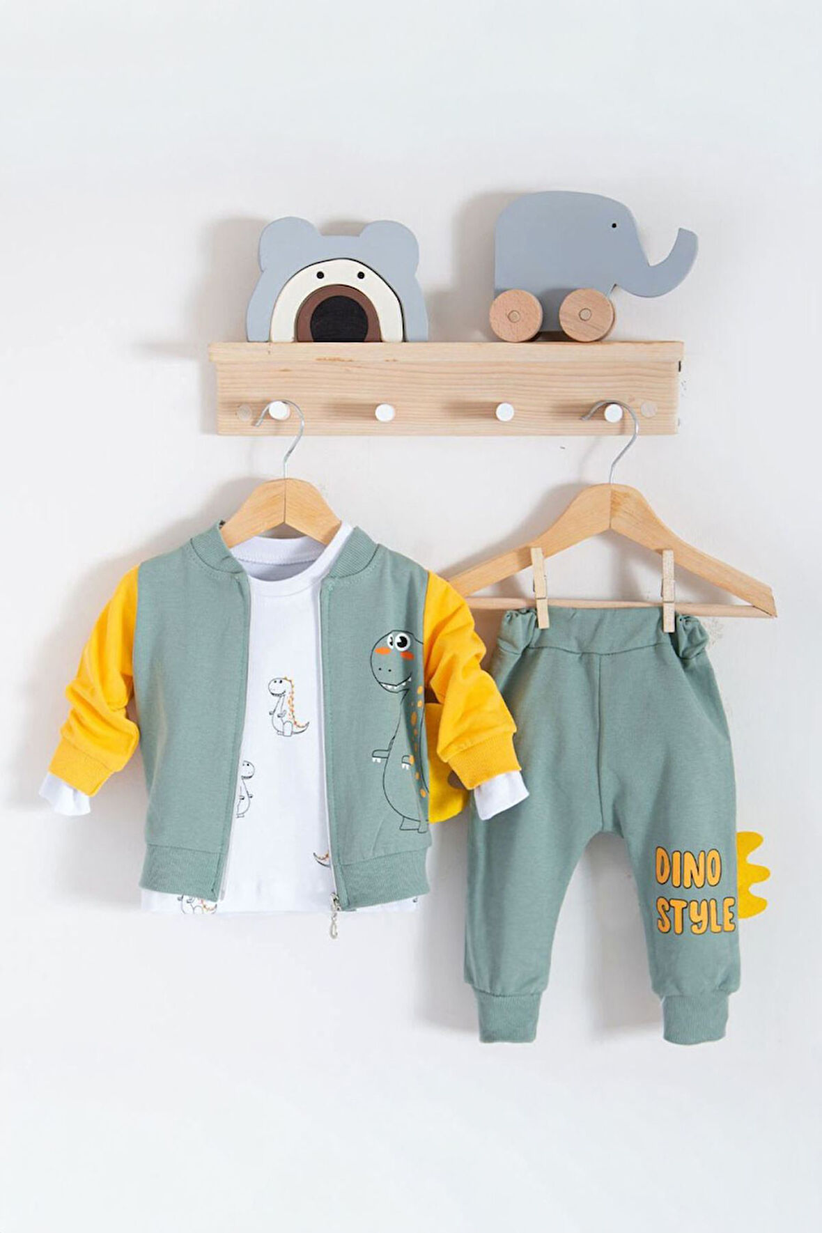 Miniğimin Cicileri Dino Desenli Erkek Bebek 3 lü Takım - Sarı