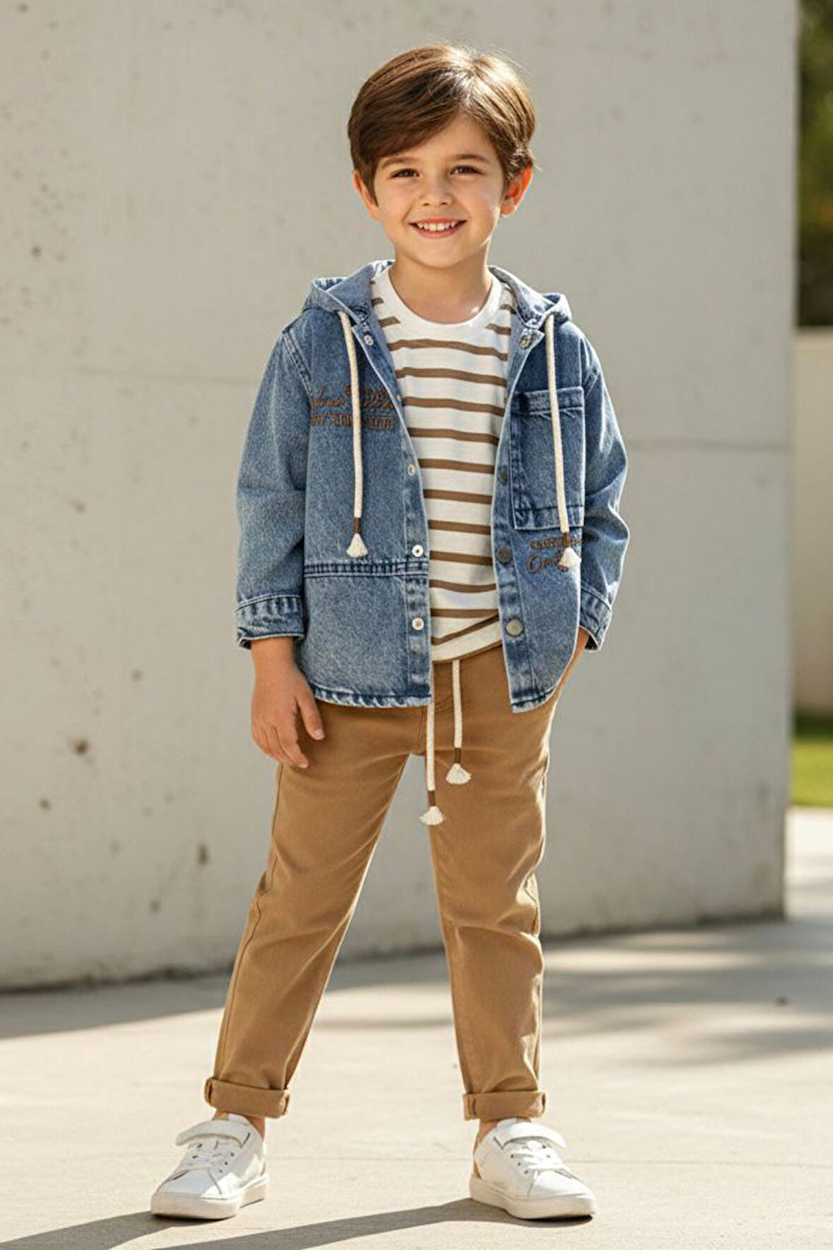 Miniğimin Cicileri Çizgili Detaylı Kot Ceketli Erkek Çocuk 3 lü Takım - Açık Kahve