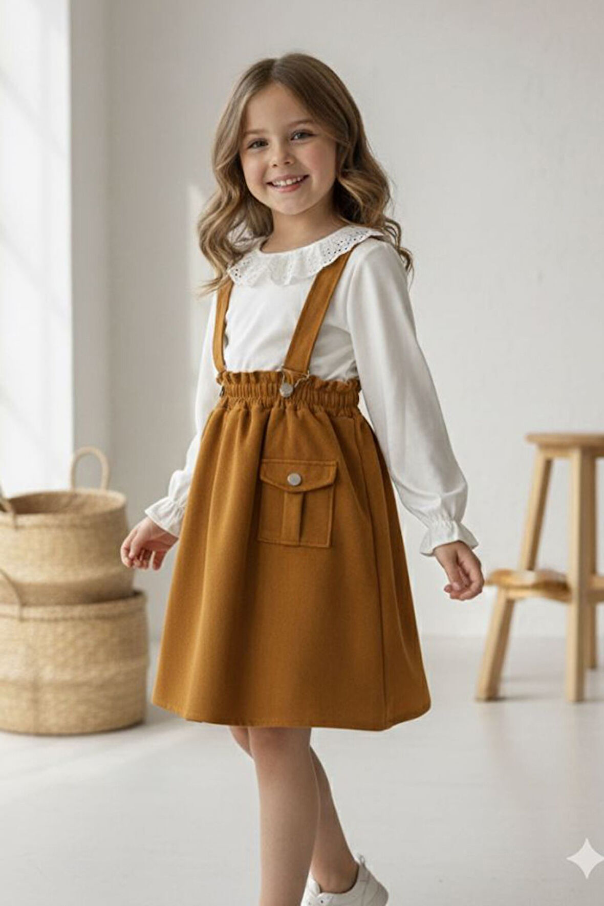 Miniğimin Cicileri Süet Etekli Askılı Kız Çocuk 2 li Takım - Hardal