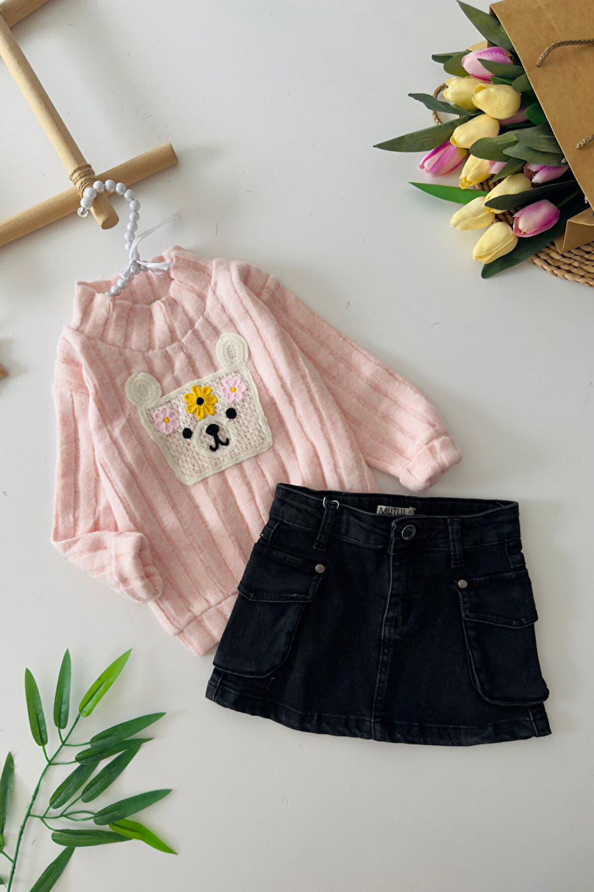 Miniğimin Cicileri Yumoş Örgü Cep Detaylı Kız Çocuk Etekli Takım - Pembe