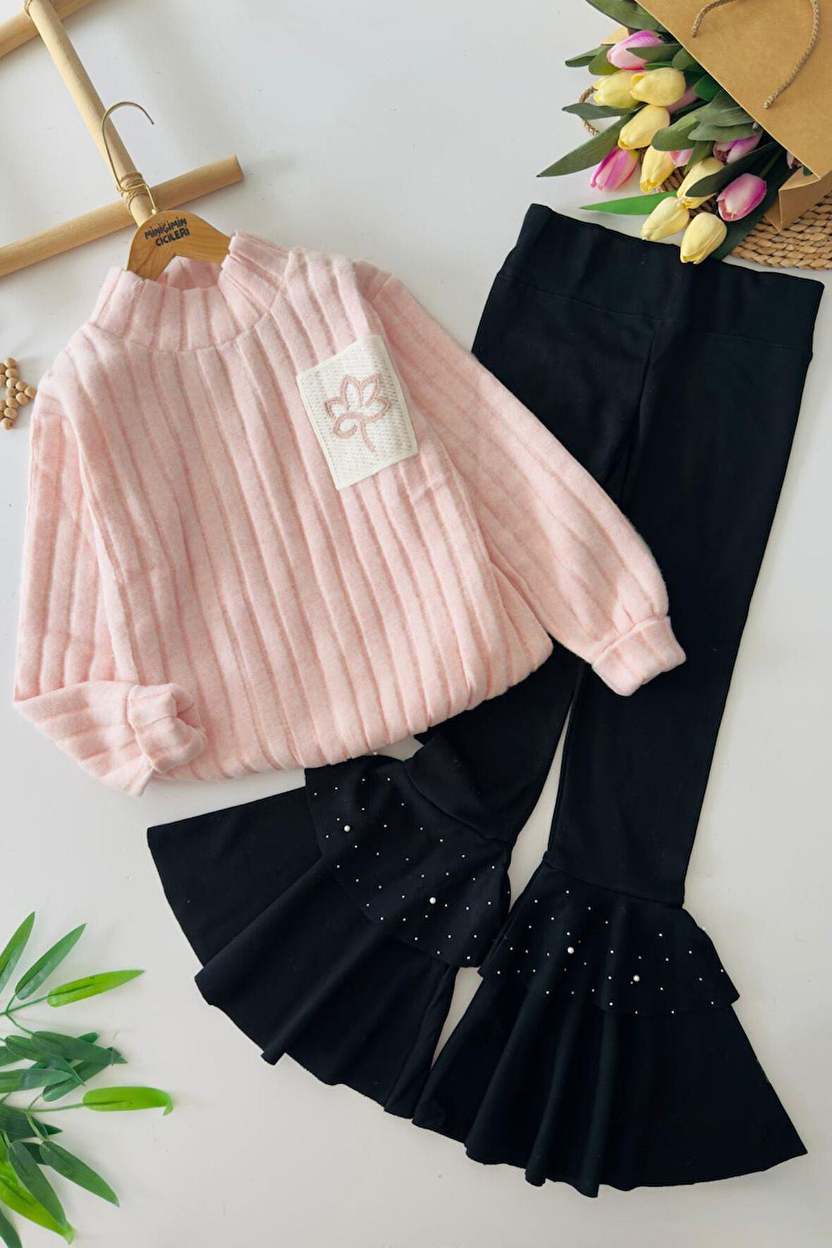 Miniğimin Cicileri Yumoş Cep Yaprak Örgü Detaylı Kız Çocuk İspanyol Takım - Pembe