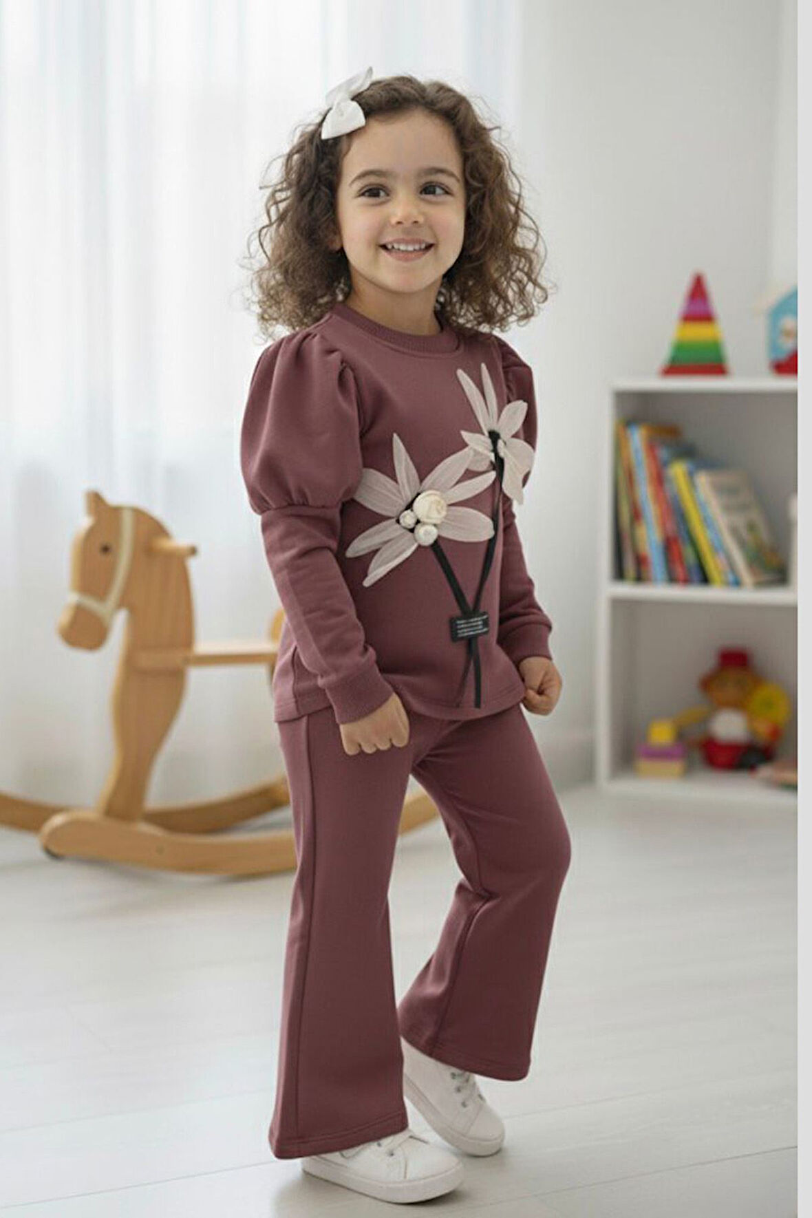 Miniğimin Cicileri Prenses Kol Detaylı Çiçekli Kız Çocuk 2 li Takım - Gül Kurusu