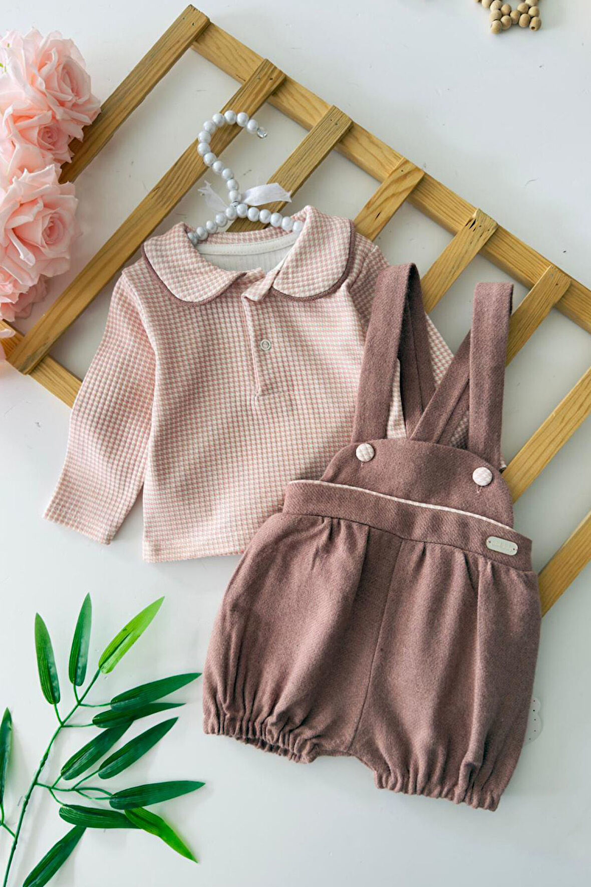 Miniğimin Cicileri Kışlık Kız Bebek Askılı Şort Tulum (Salopet) Takım - Gül Kurusu