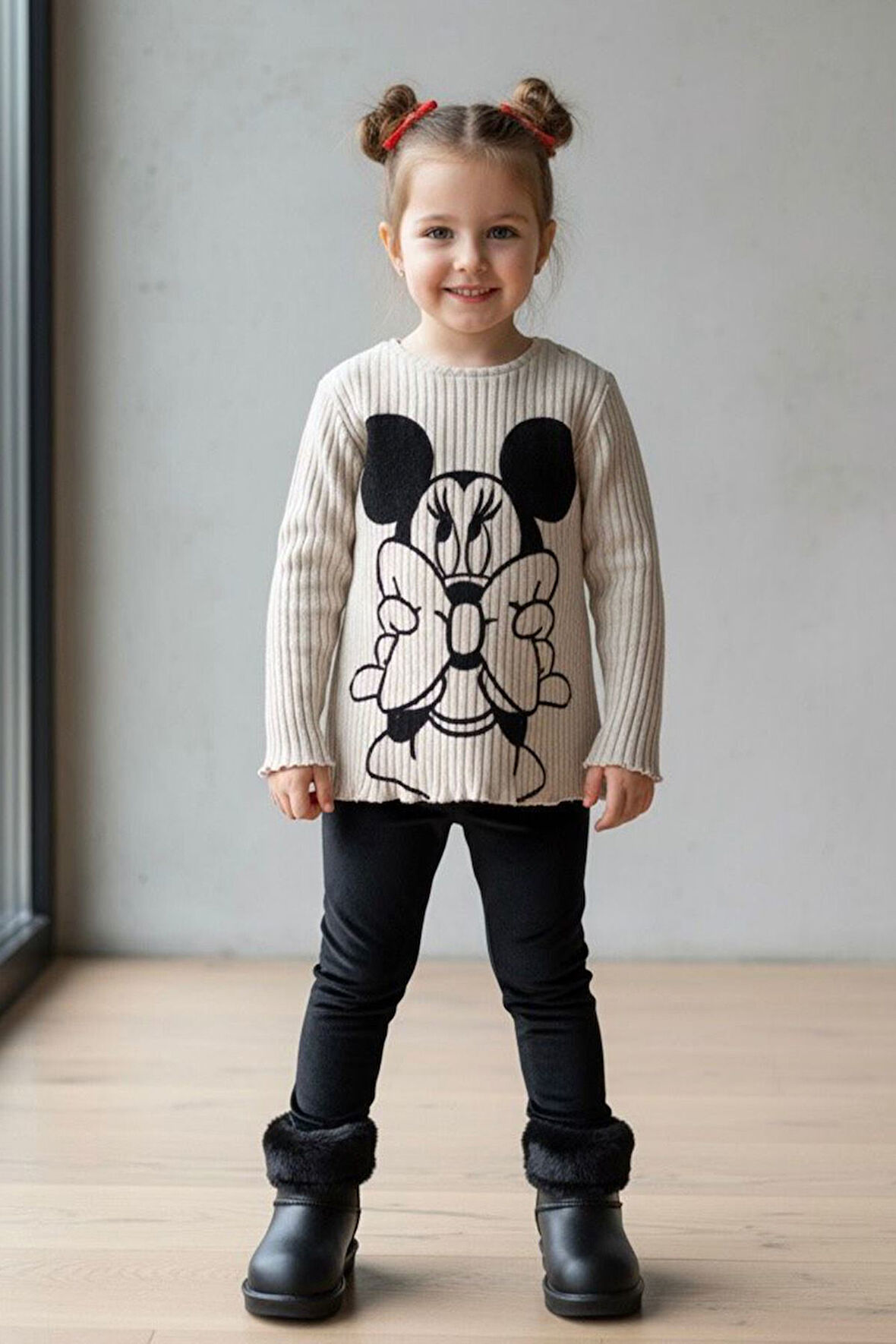 Miniğimin Cicileri Mnn Fiyonk Kadife Baskılı Kız Çocuk Sweatshirt - Bej