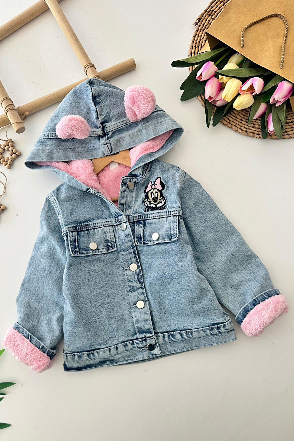 Miniğimin Cicileri Krm İşleme Çift Renk Kapüşonlu Peluş Kız Çocuk Mont - Pembe