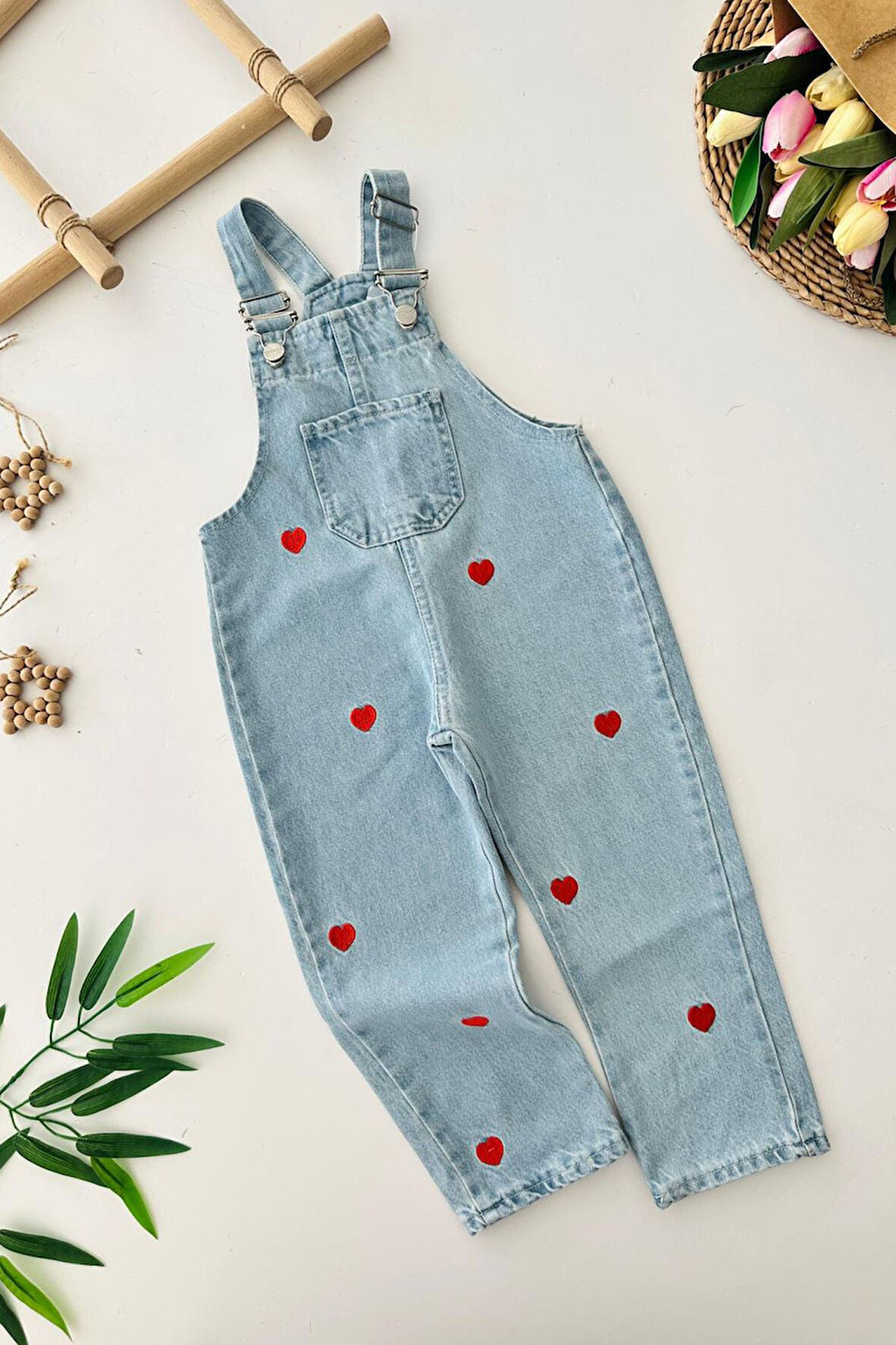 Miniğimin Cicileri Kalp İşleme Kız Çocuk Kot Salopet - Kırmızı