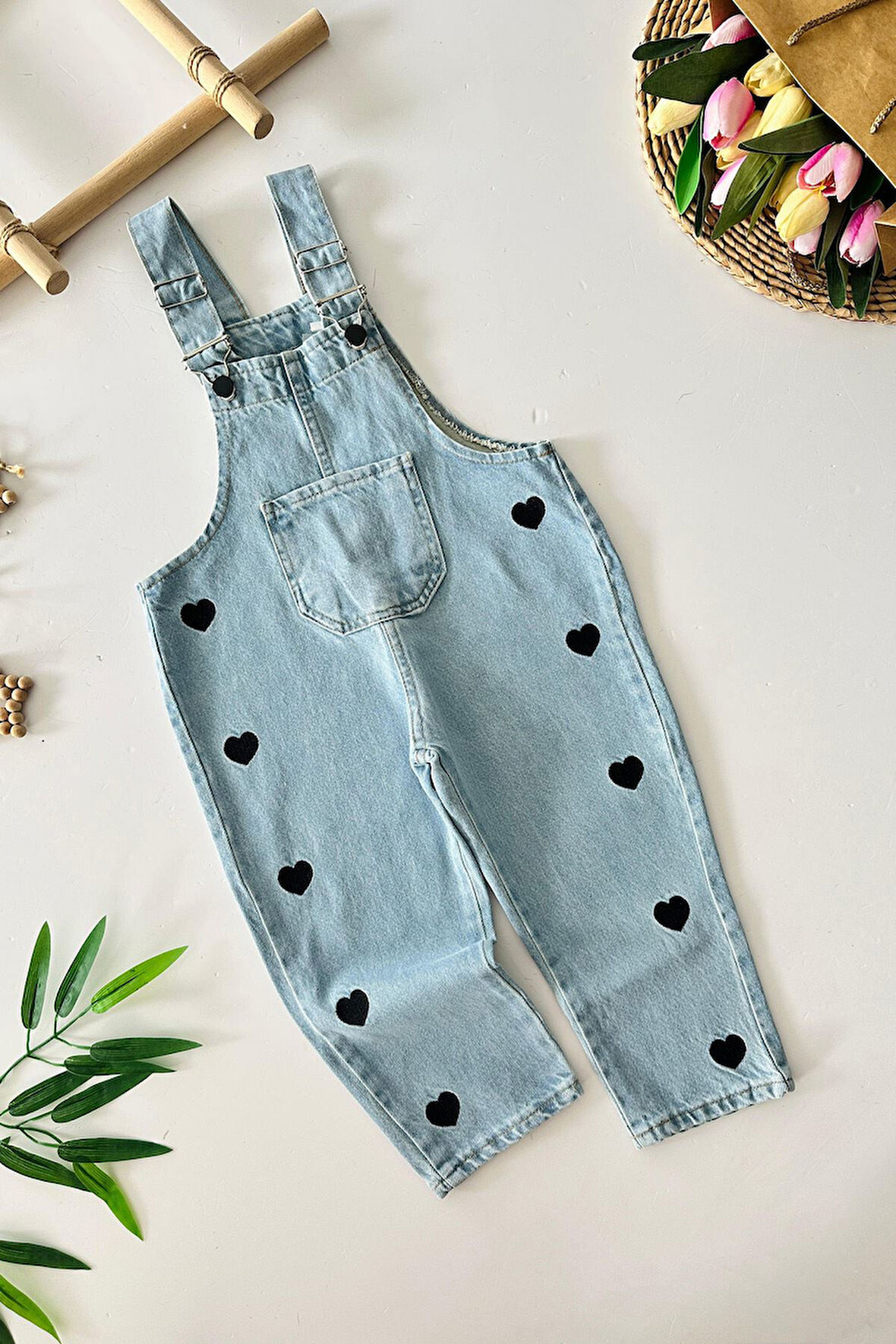 Miniğimin Cicileri Kalp İşleme Kız Çocuk Kot Salopet 