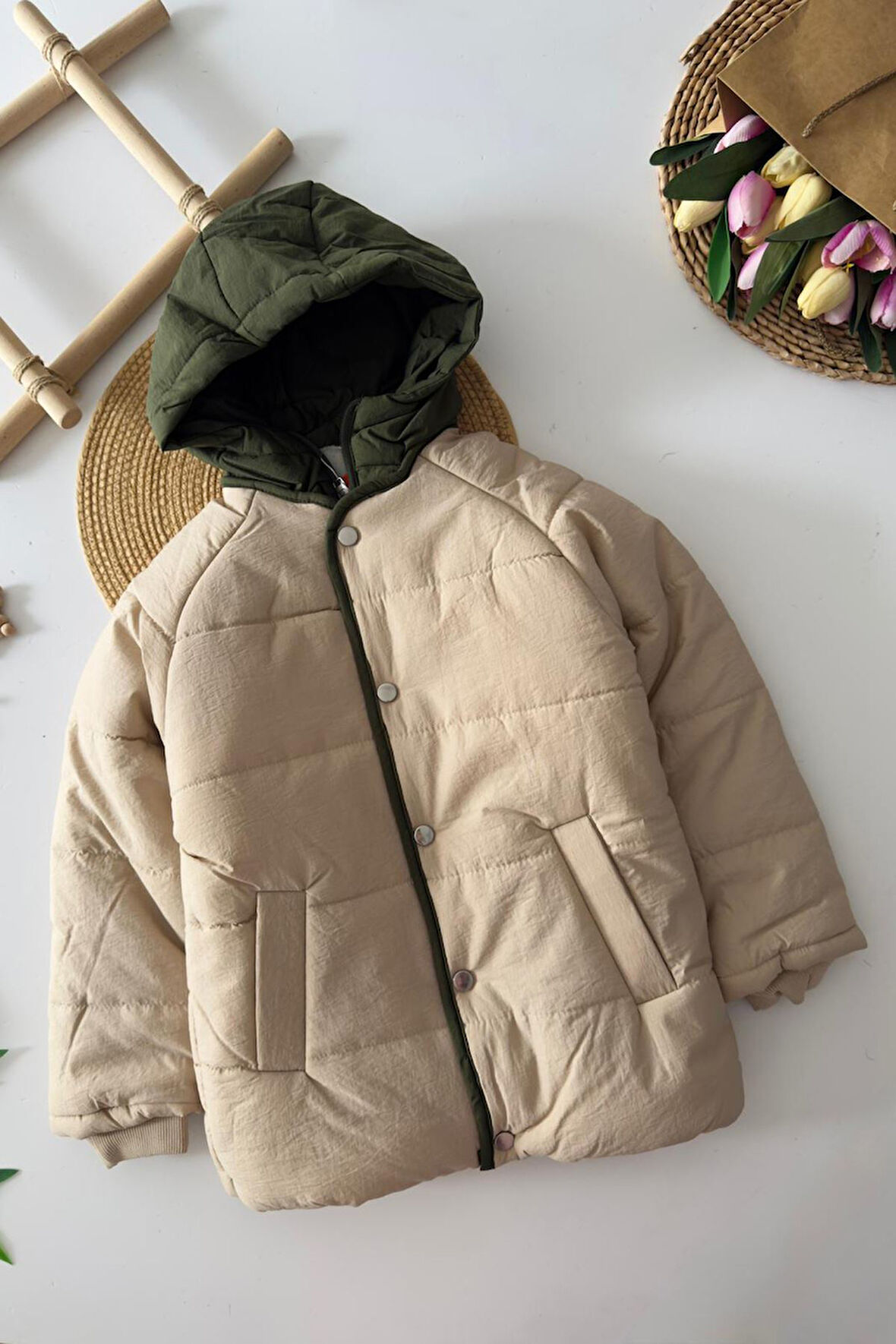 Miniğimin Cicileri Su Geçirmez Kapüşonlu Kışlık Erkek Çocuk Mont - Bej