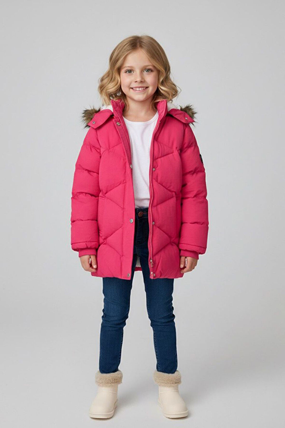 Miniğimin Cicileri Kürk Kapüşonlu Dikiş Desenli Şişme Kız Çocuk Mont - Fuşya
