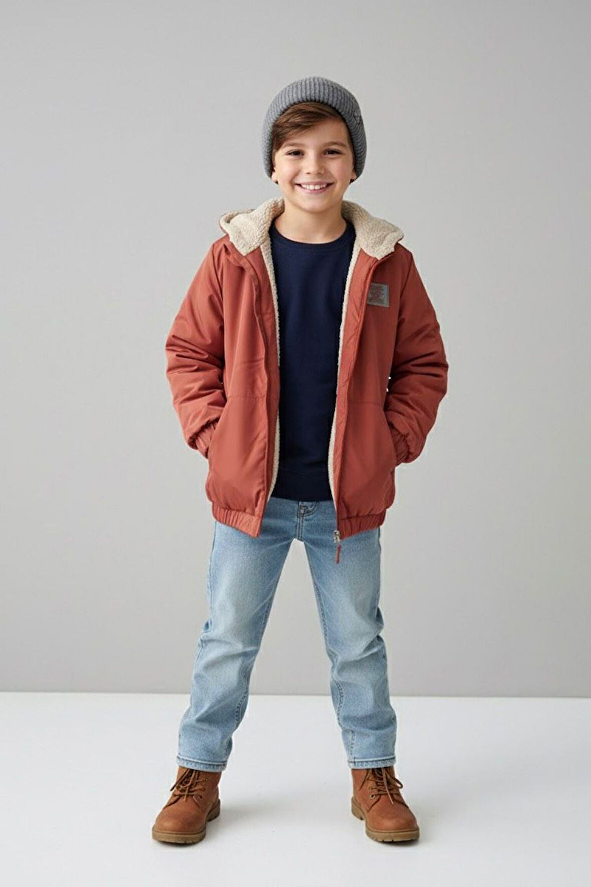 Miniğimin Cicileri Classic Peluş Astarlı Fermuarlı Unisex Çocuk Mevsimlik Mont - Kiremit