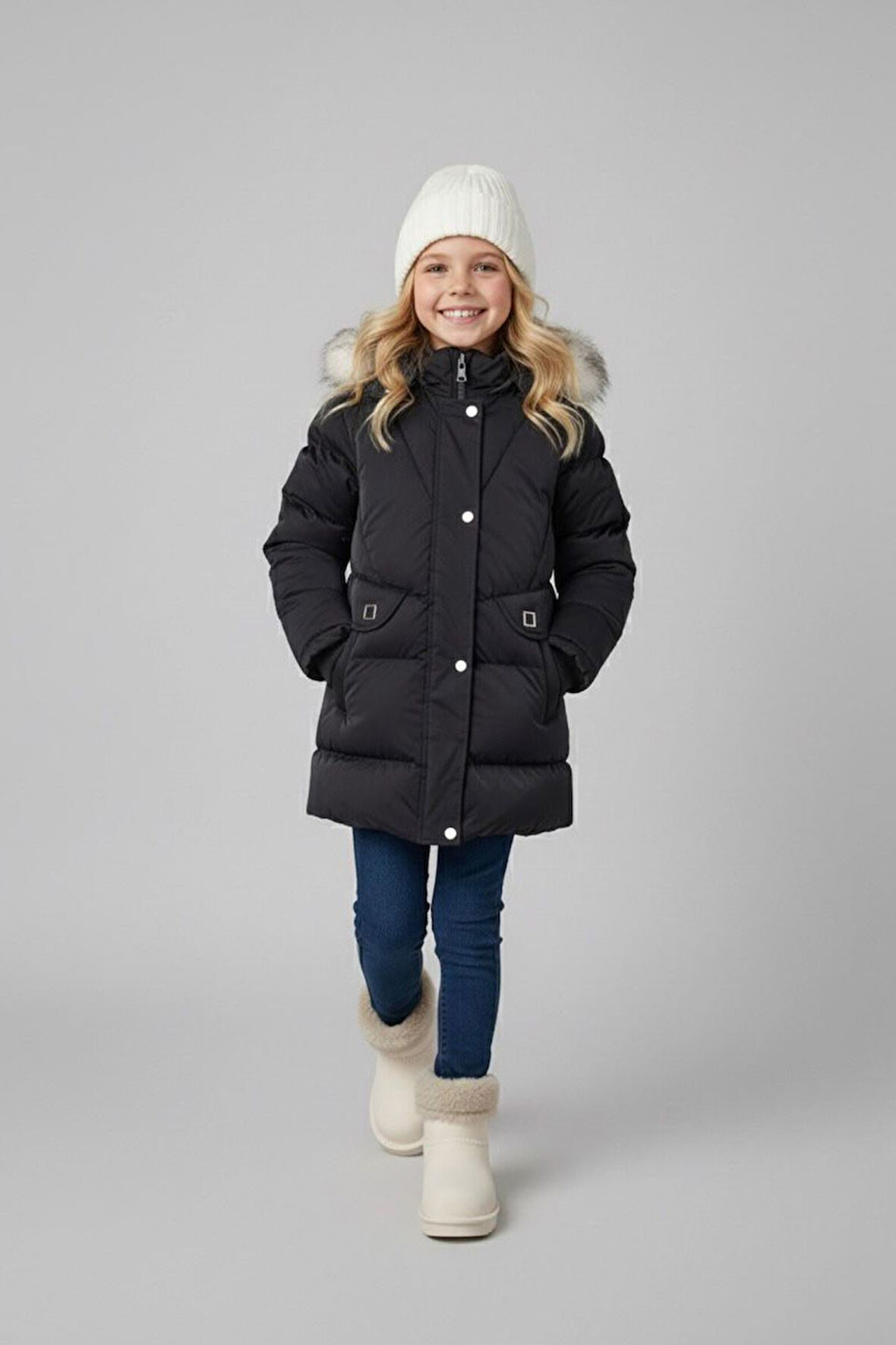 Miniğimin Cicileri Kürk Kapüşonlu Su Geçirmez Şişme Kız Çocuk Kışlık Mont - Siyah