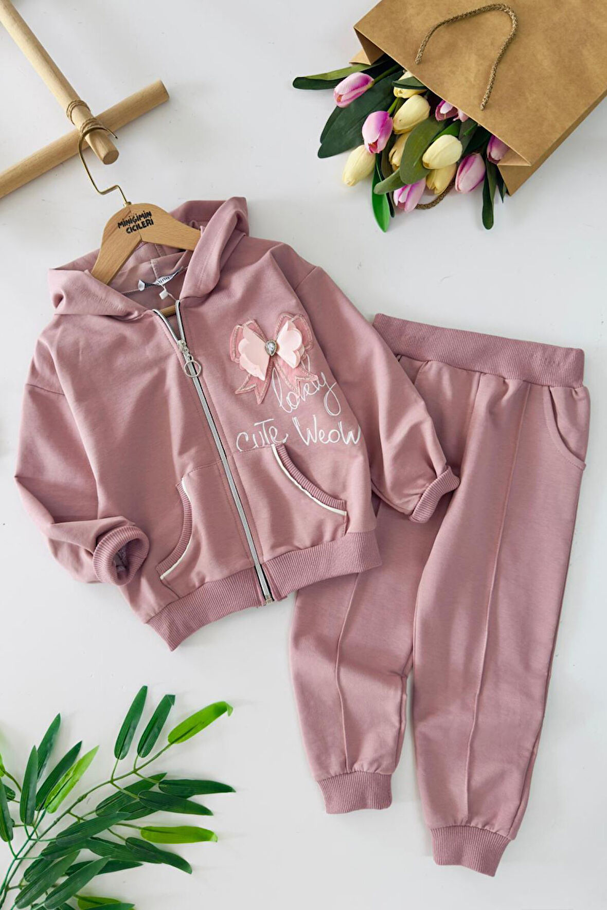 Miniğimin Cicileri Lovely Fiyonk Detaylı Kapüşonlu Kız Çocuk Takım - Gül Kurusu