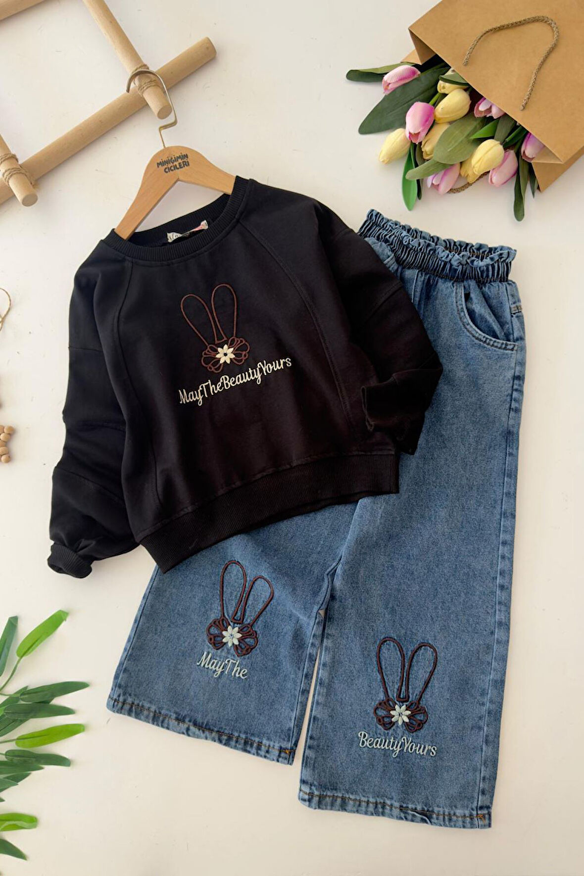 Miniğimin Cicileri May The İşleme Detaylı Kız Çocuk 2 li Takım - Siyah