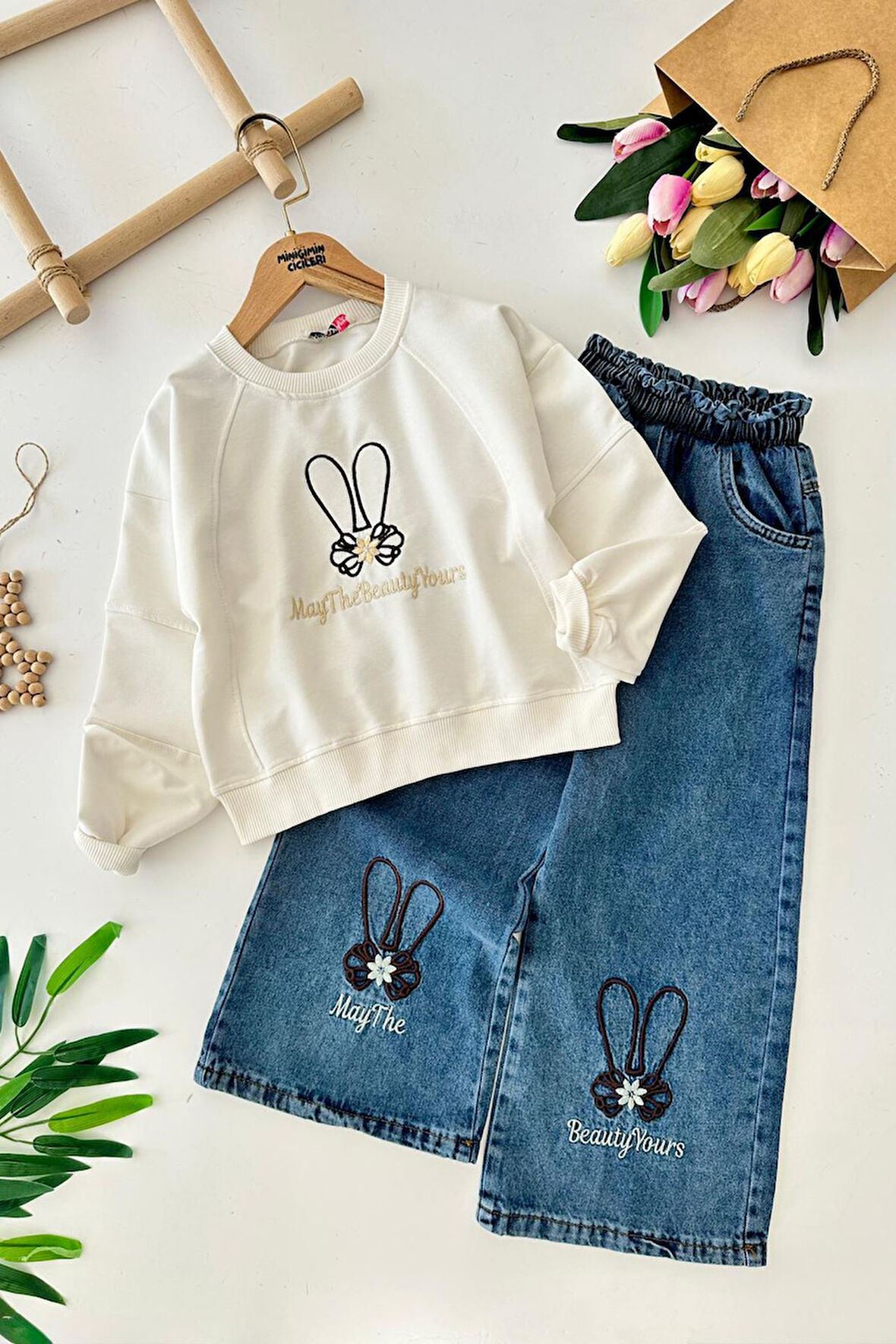 Miniğimin Cicileri May The İşleme Detaylı Kız Çocuk 2 li Takım - Ekru