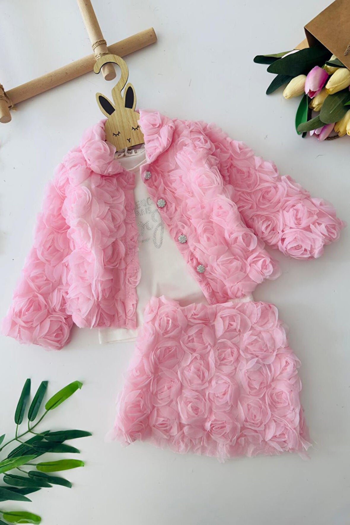 Miniğimin Cicileri Gül Detaylı 3 lü Kız Çocuk Takım - Pembe