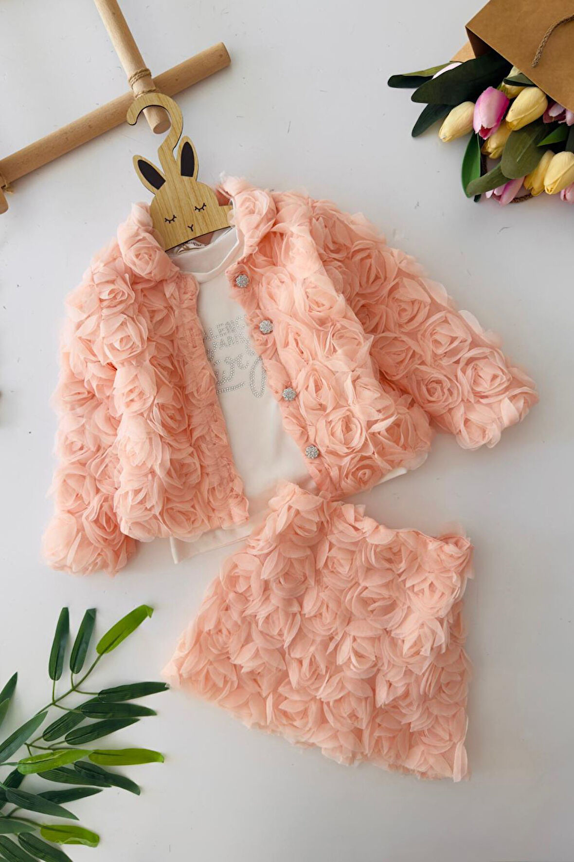 Miniğimin Cicileri Gül Detaylı 3 lü Kız Çocuk Takım - Somon