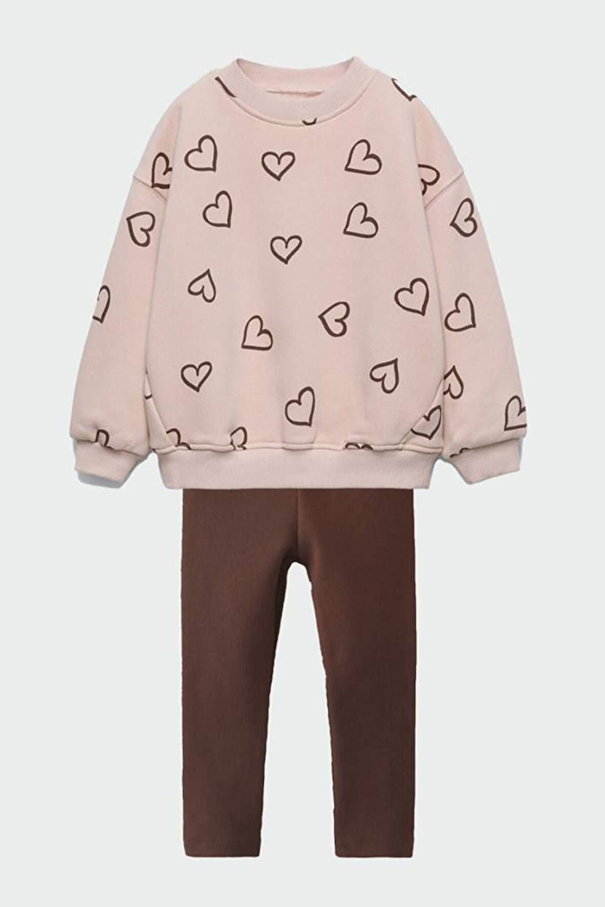 Miniğimin Cicileri Kalp Baskı Detaylı Kız Çocuk Taytlı 2 li Takım - Kahverengi