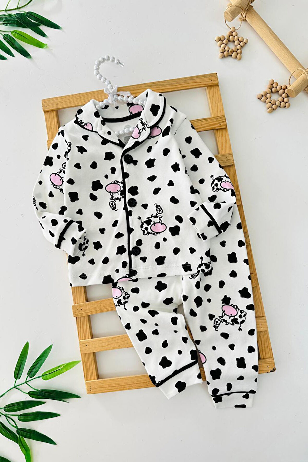 Miniğimin Cicileri İnek Baskılı Penye Unisex Bebe Pijama Takımı - Siyah