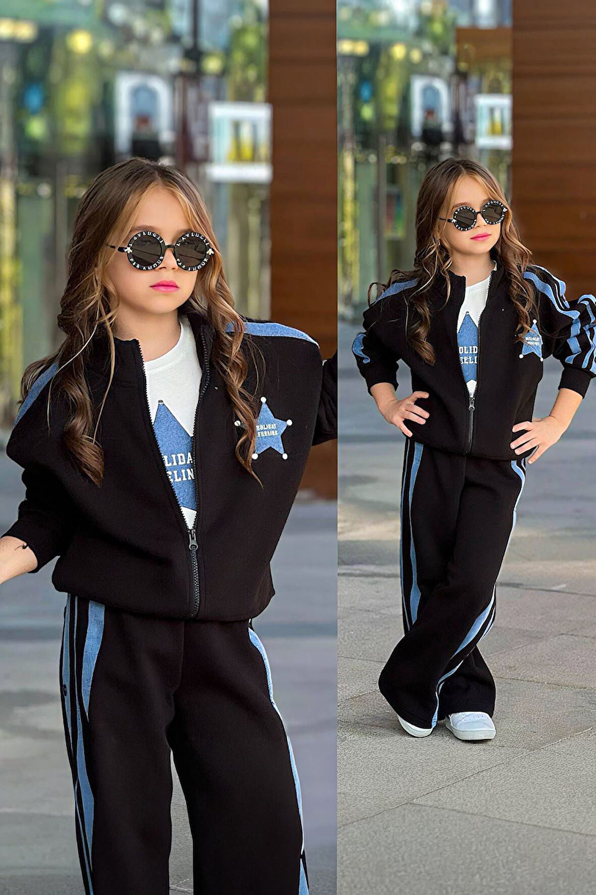 Miniğimin Cicileri Yıldız Desenli Fermuarlı Şeritli Kışlık 3 lü Kız Çocuk Takım - Siyah