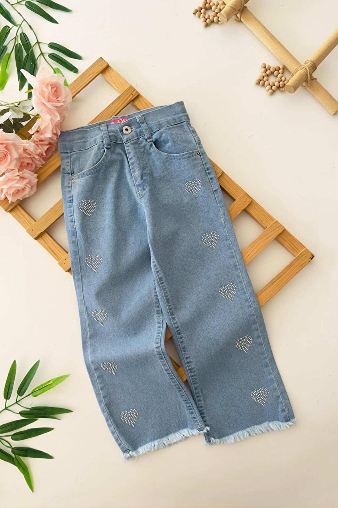Miniğimin Cicileri Sıralı Kalp Taş İşleme Detaylı Kız Çocuk Yumuşak Kot Pantolon - Mavi