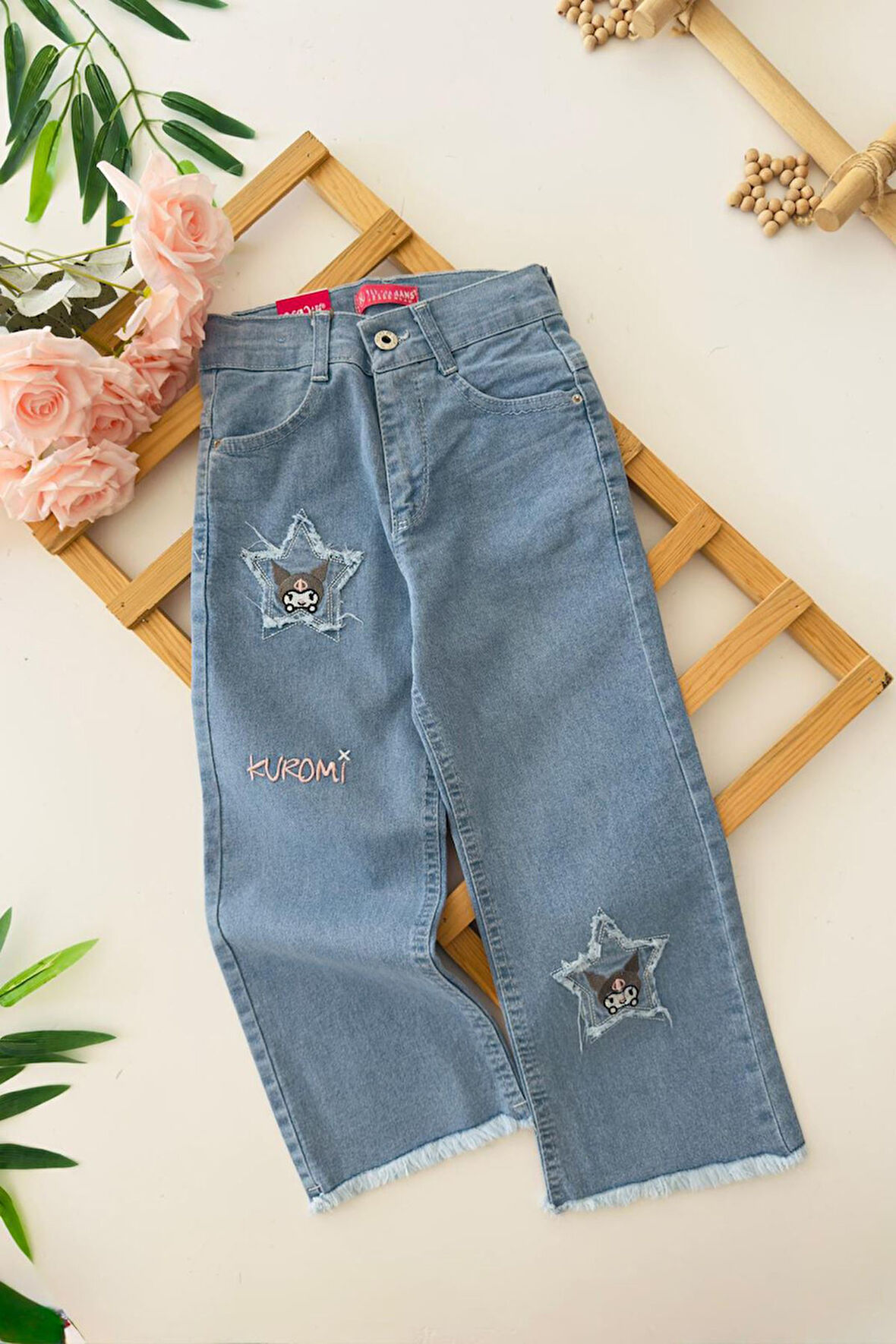 Miniğimin Cicileri Yıldız Krm Detaylı Kız Çocuk Yumuşak Kot Pantolon - Mavi