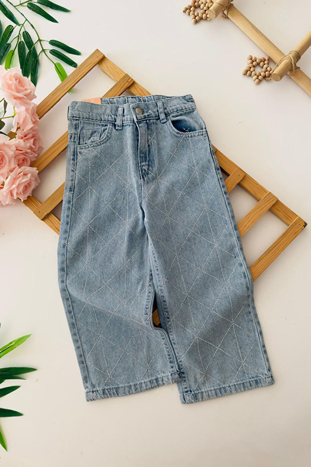 Miniğimin Cicileri Kare Taş Detaylı Kız Çocuk Yumuşak Kot Pantolon - Mavi