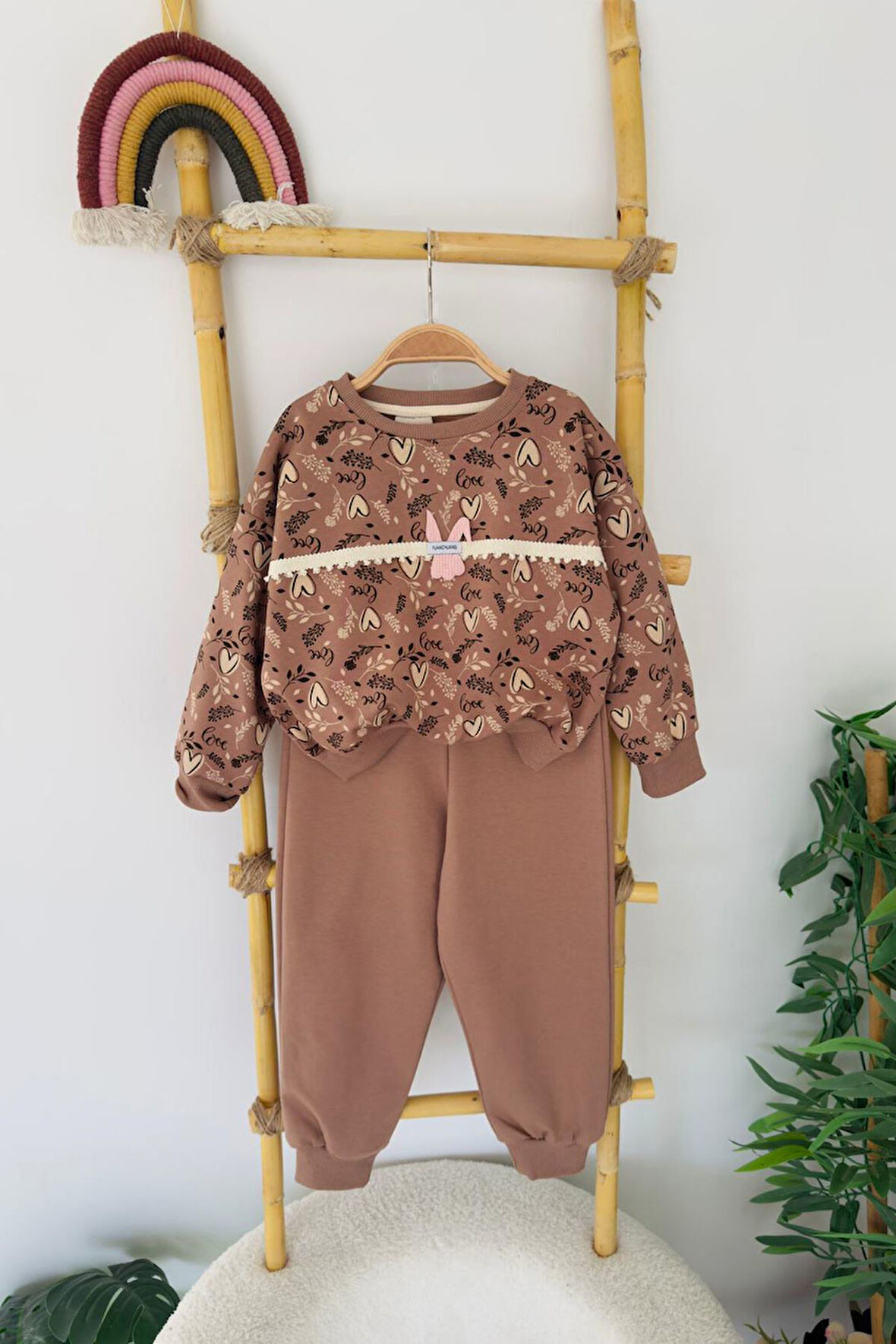 Miniğimin Cicileri Kalp Baskılı Tavşancık Detaylı Kız Çocuk 2 li Takım - Kahverengi