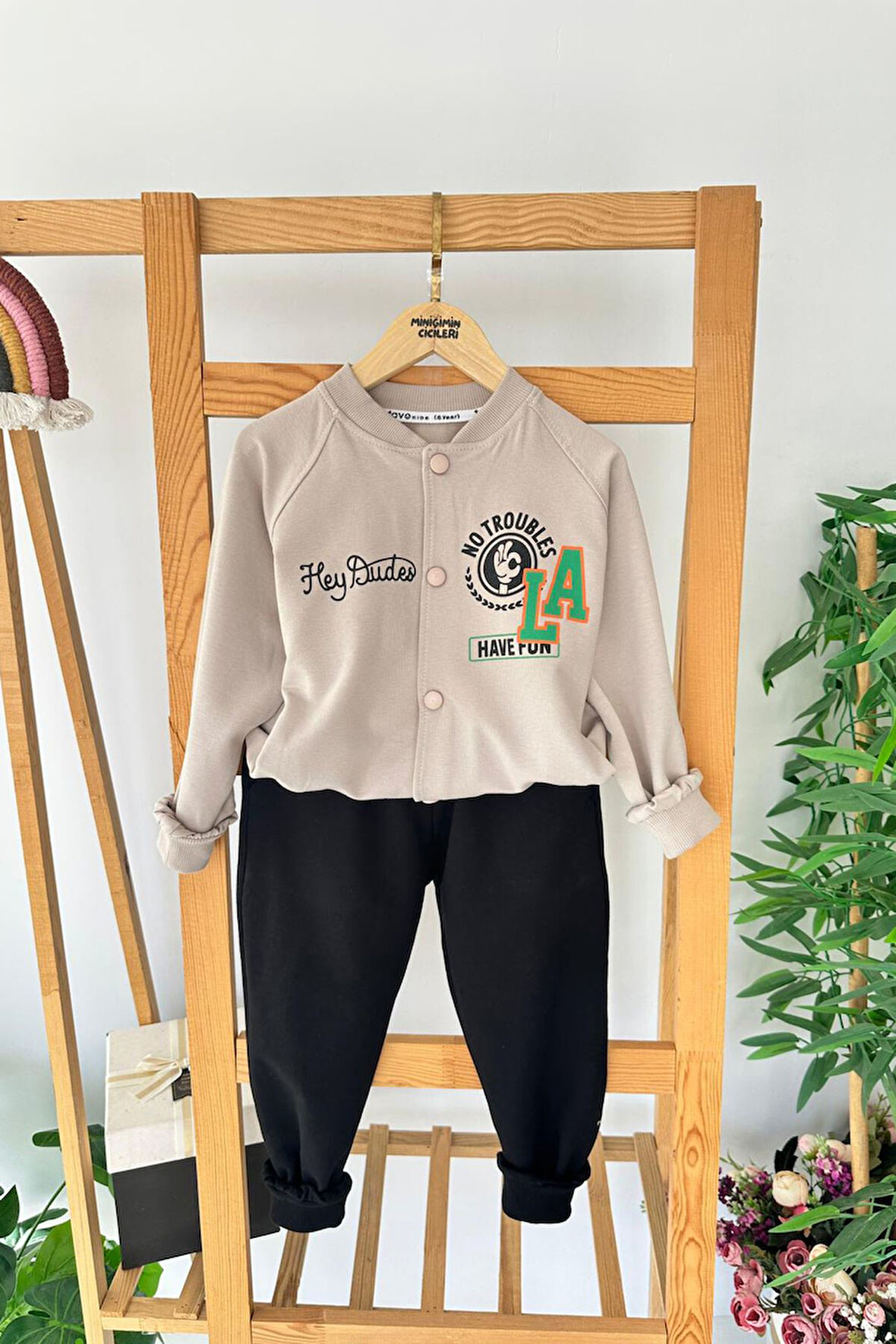 Miniğimin Cicileri LA Baskılı Sweat ve Pantolon 2 li Erkek Takımı - Bej