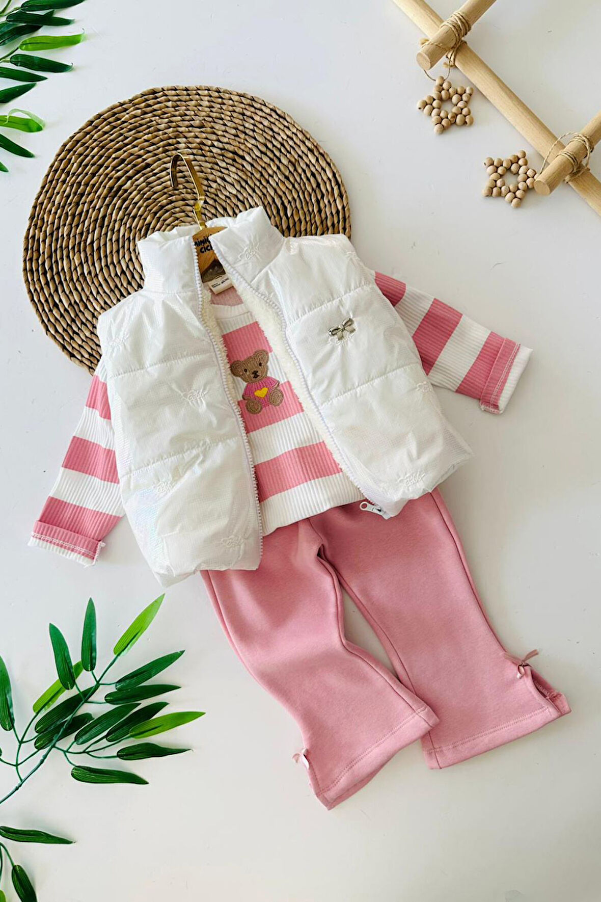 Miniğimin Cicileri Fiyonk Detaylı Şişme Yelekli Ayıcık Desenli Kız Bebek  3 lü Takım- Pembe