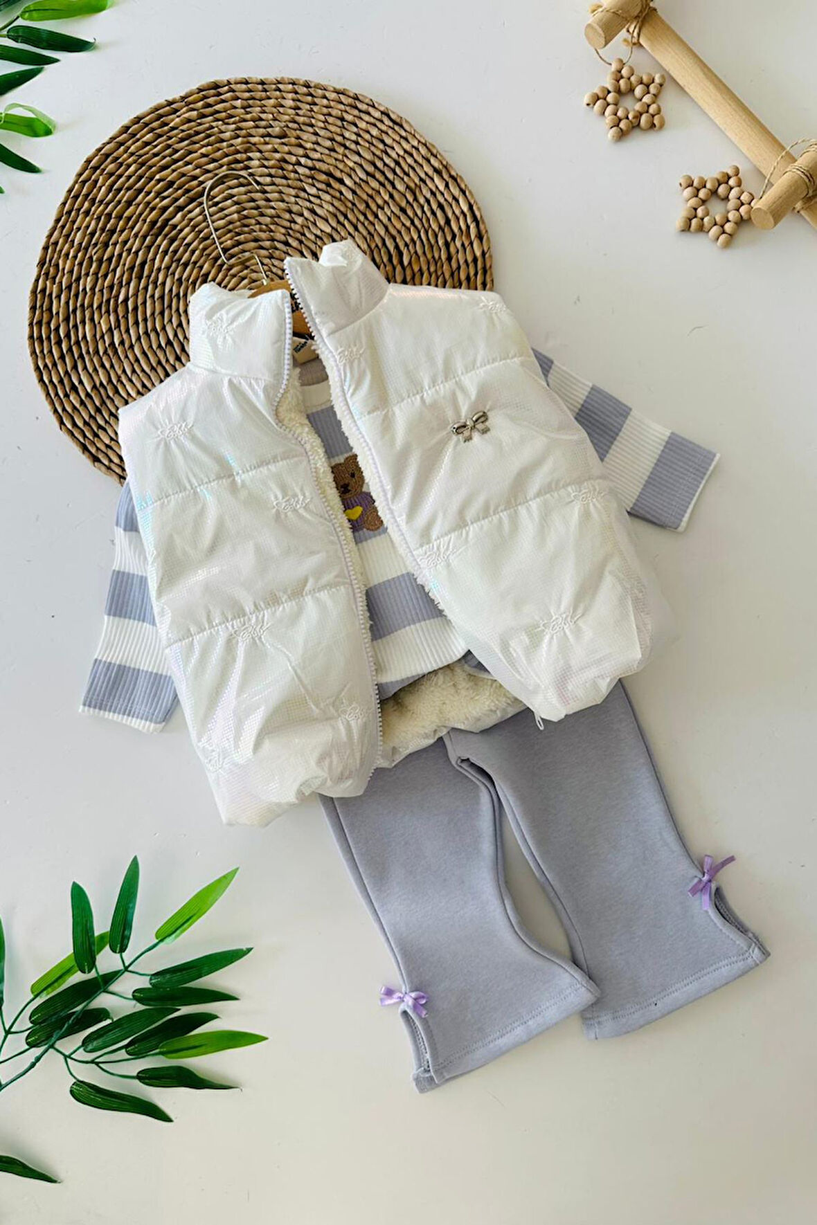 Miniğimin Cicileri Fiyonk Detaylı Şişme Yelekli Ayıcık Desenli Kız Bebek  3 lü Takım- Lila