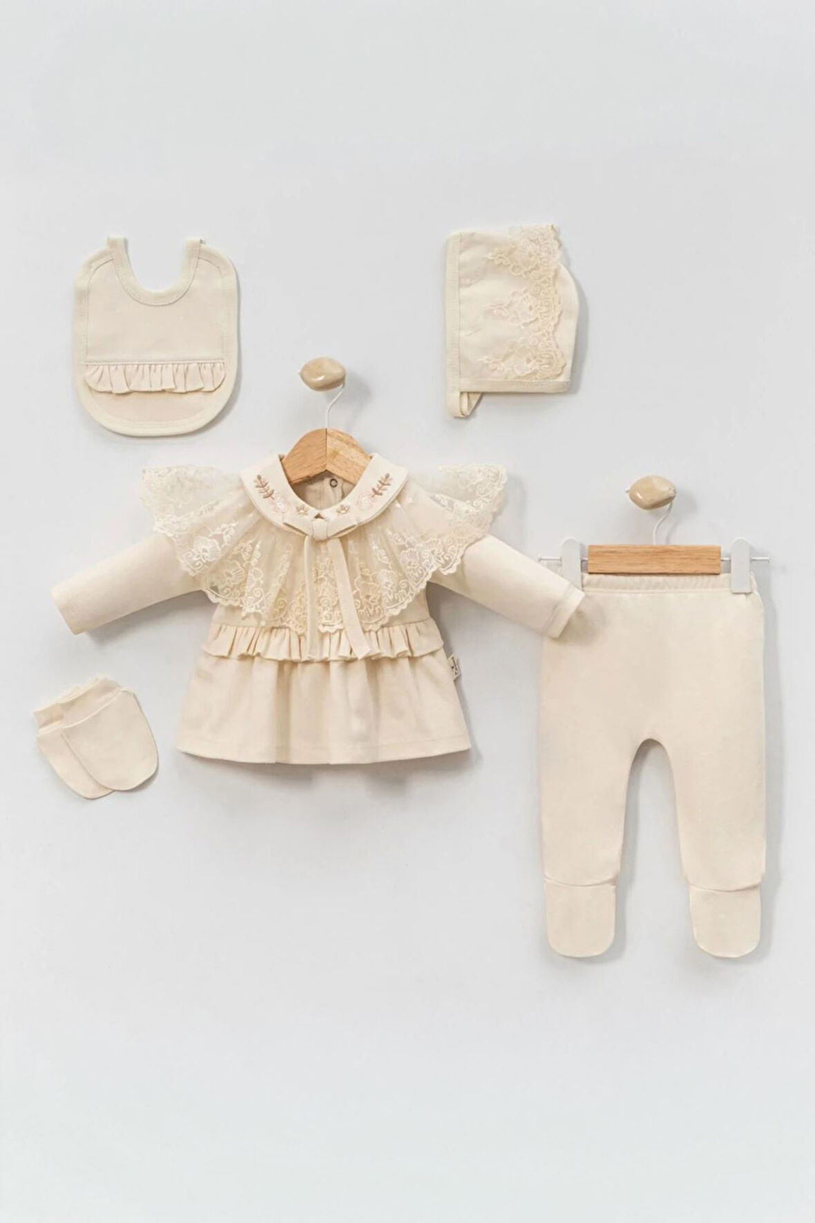 Miniğimin Cicileri Dantel Yaka Detaylı Kız Bebek Pamuklu 5 li Set - Krem
