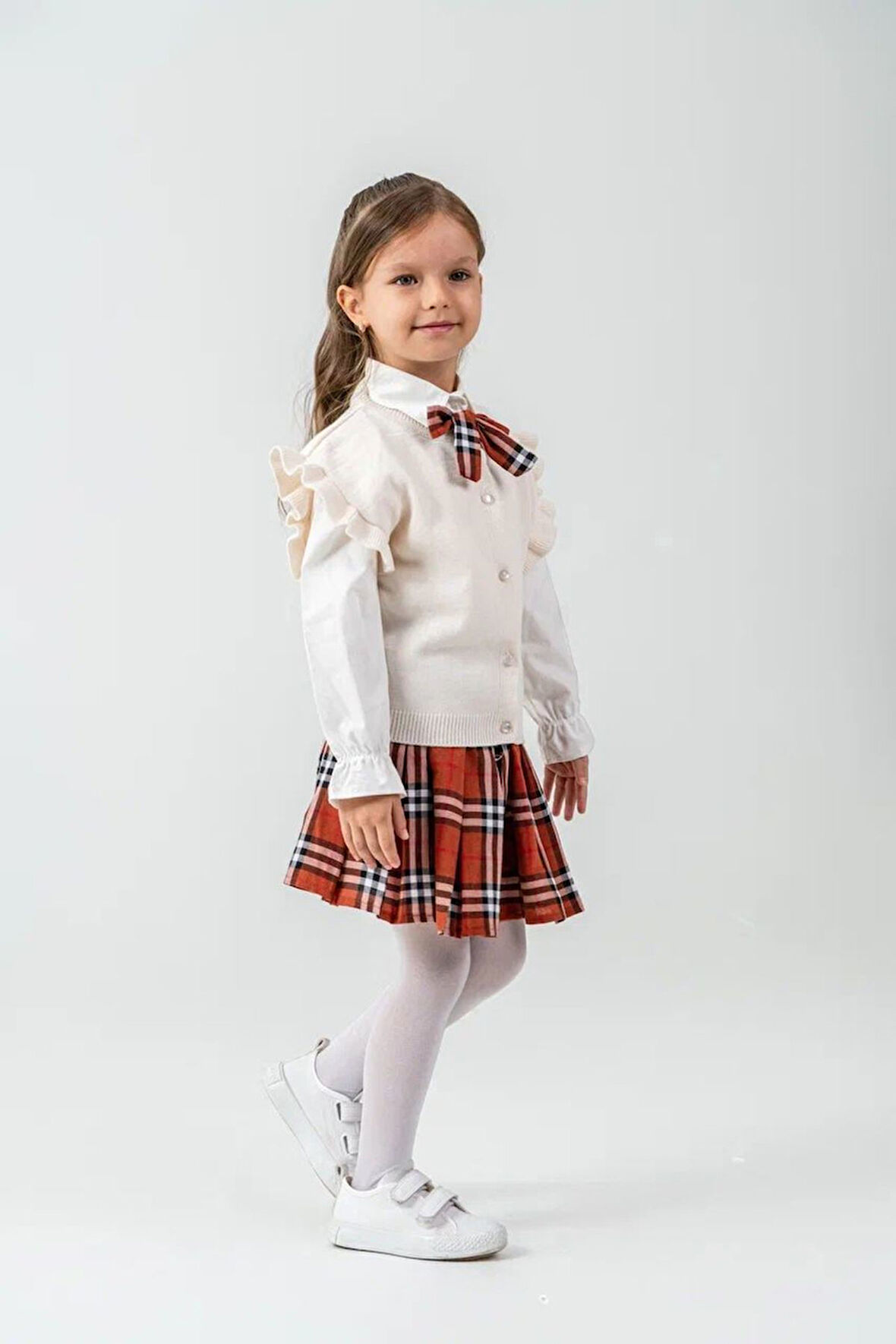 Miniğimin Cicileri Fırfır Kol Detaylı Süveterli Ekose Etek Kombini - Kırmızı