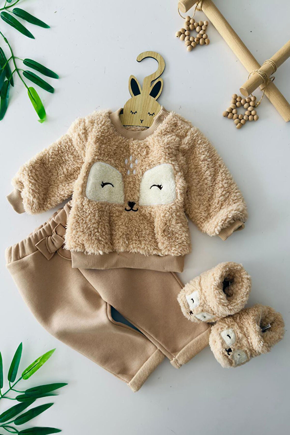 Miniğimin Cicileri Peluş Sevimli Panduflu Kız Çocuk 3 lü Takım - Bej