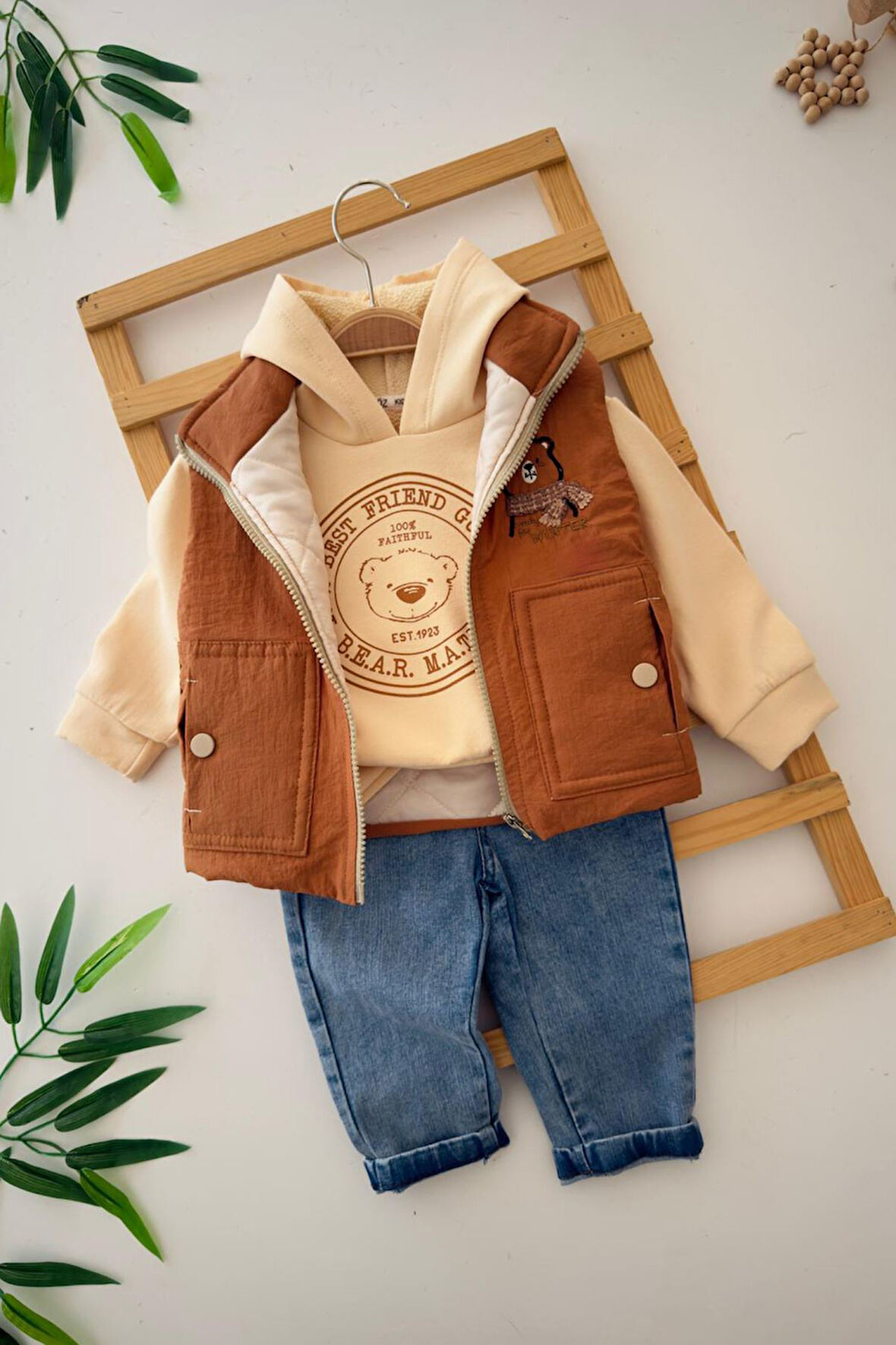 Miniğimin Cicileri Best Friend Ayıcık desenli Şişme Yelekli 3 lü Erkek  Çocuk Takım - Kahverengi