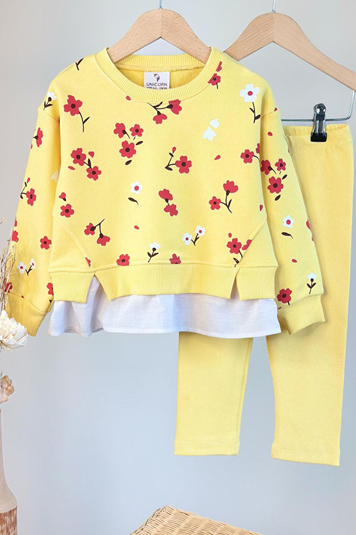 Miniğimin Cicileri Gömlek Detaylı Çiçek Baskılı Kız Çocuk 2 li Takım - Sarı