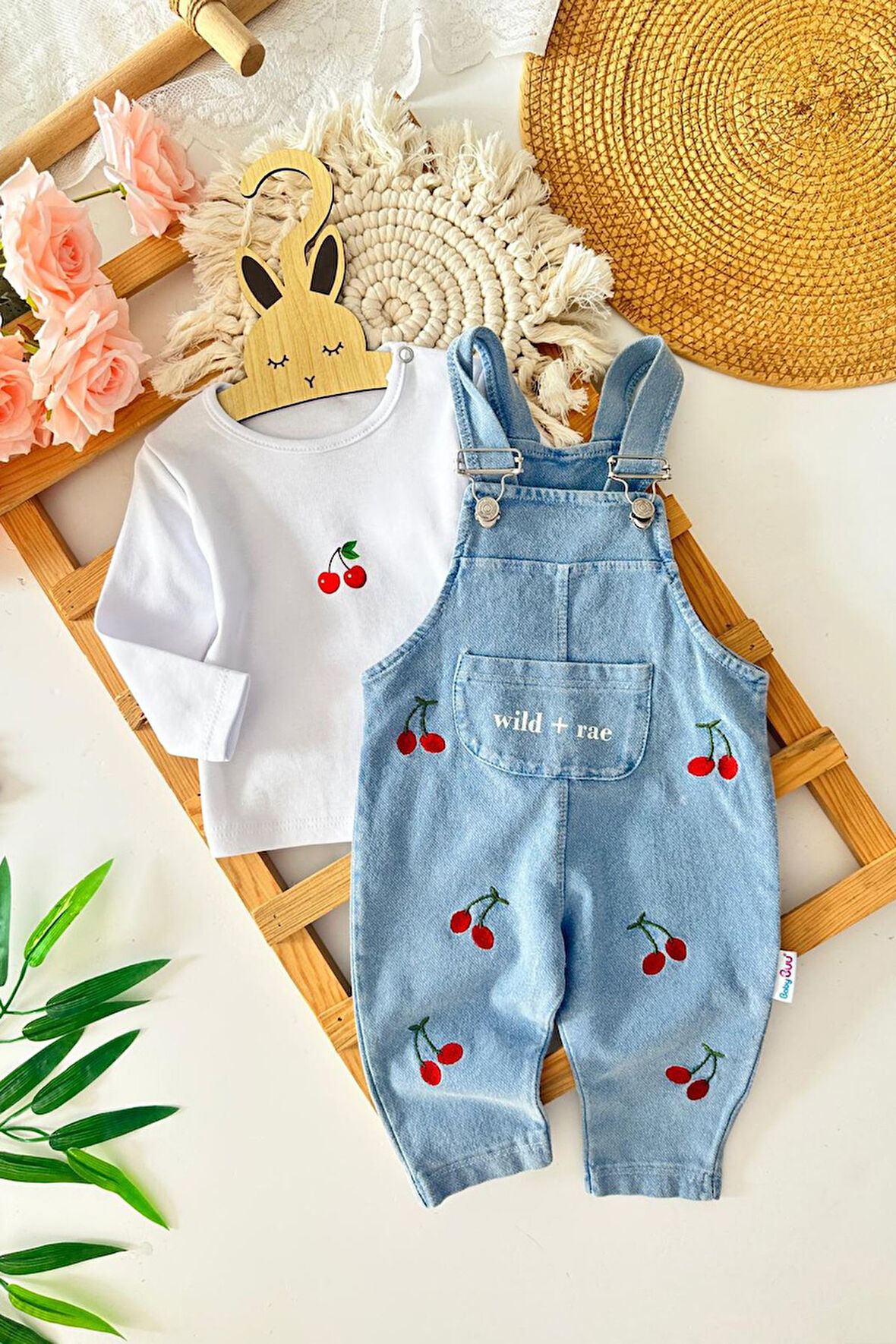 Miniğimin Cicileri Kiraz işleme Detaylı Kız Bebe 2 li Salopet Yumuşak Kotlu Takım - Açık Mavi