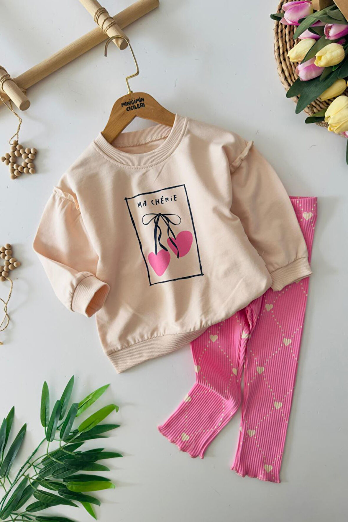 Miniğimin Cicileri Kiraz Baskılı Kalp Detaylı Taytlı Kız Çocuk 2 li Takım - Pembe
