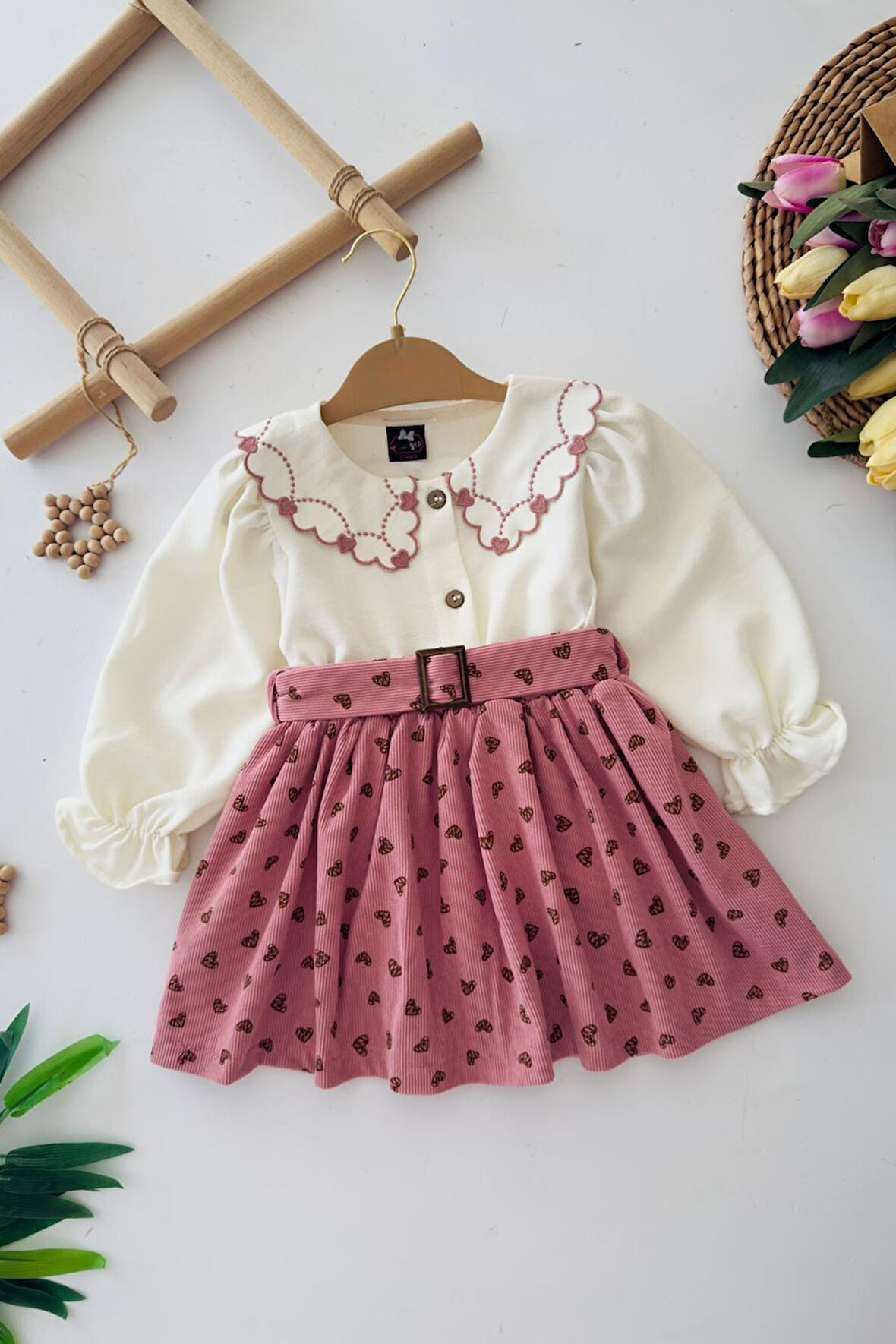Miniğimin Cicileri Kadife Kalp Desenli Yaka Detaylı Kız Çocuk 2 li Takım - Gül Kurusu