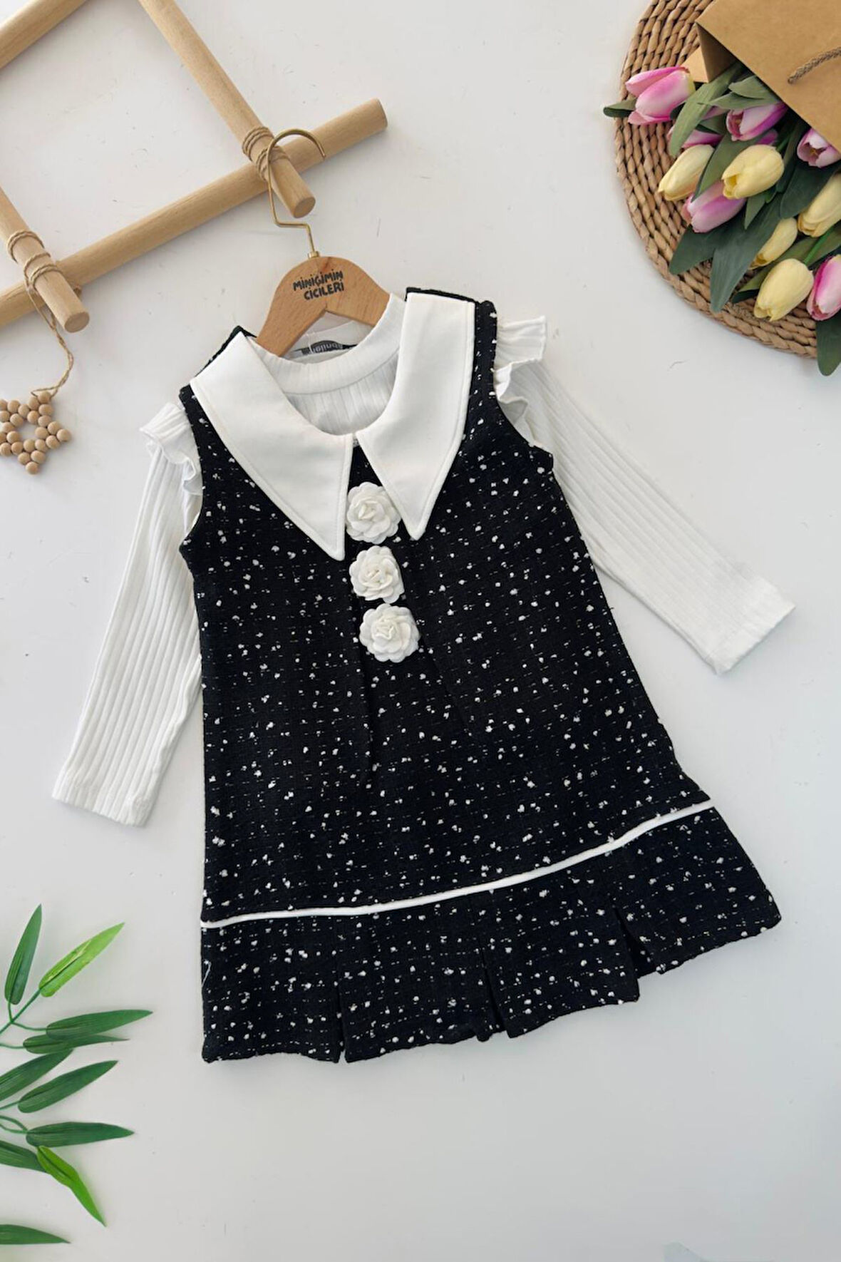 Miniğimin Cicileri Gül Detaylı Tüvit Elbise ve Badi Kız Takım - Siyah