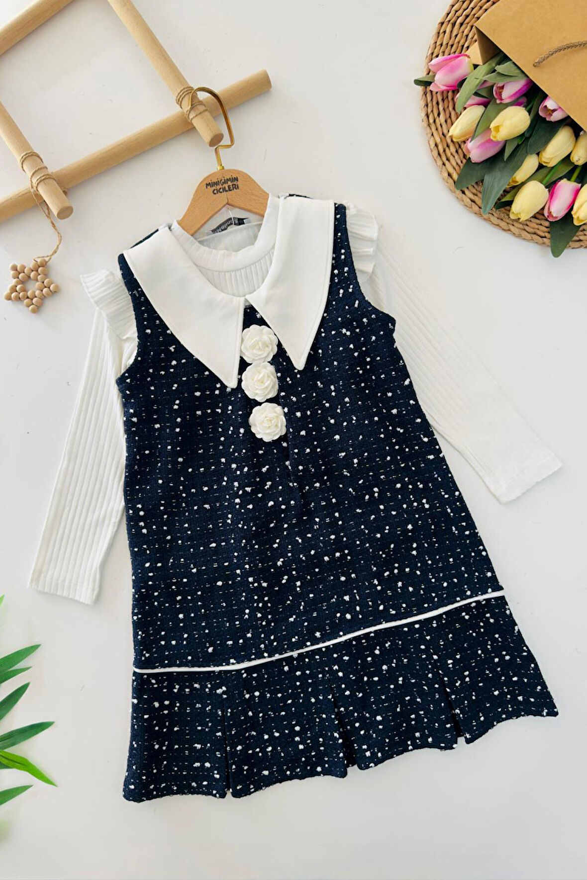 Miniğimin Cicileri Gül Detaylı Tüvit Elbise ve Badi Kız Takım - Lacivert