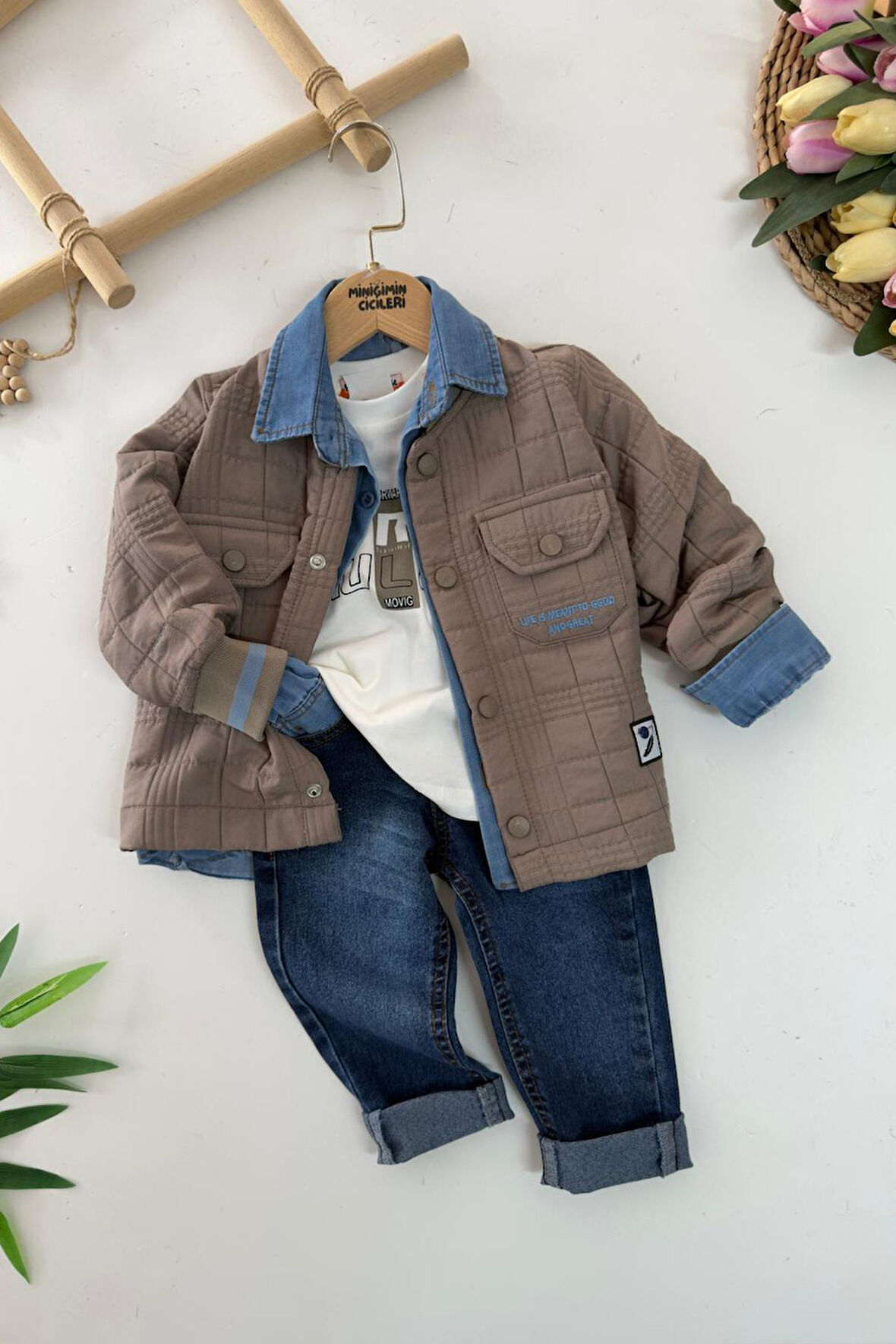 Miniğimin Cicileri Kapitone Ceketli Tensel Gömlekli Erkek Çocuk 4 lü Takım - Vizon