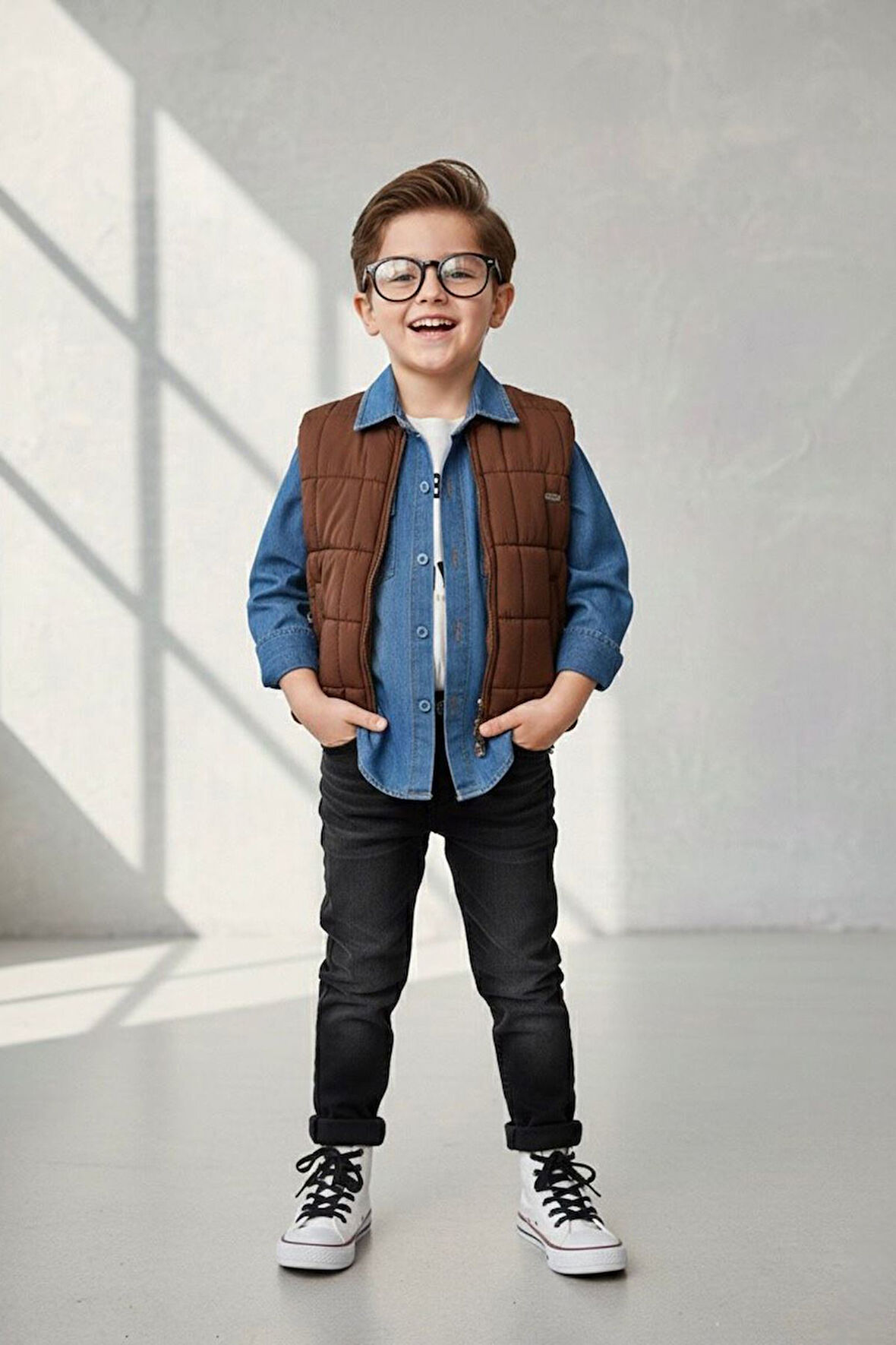 Miniğimin Cicileri Şişme Yelekli Tencel Gömlekli Erkek Çocuk 4 lü Kombin - Kahverengi