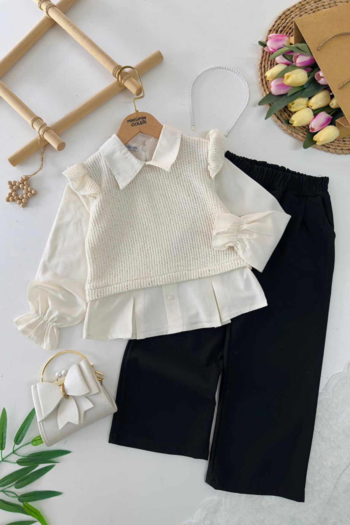 Miniğimin Cicileri Pullu Triko Detaylı Kız Çocuk 2 li Takım - Krem