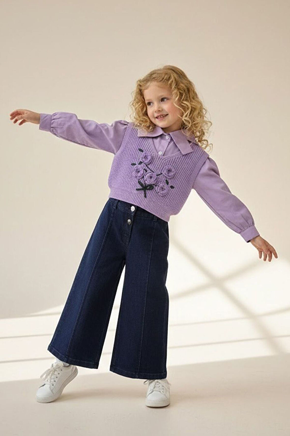 Miniğimin Cicileri Çiçek Detaylı Örgü Süveterli 3 lü Kız Çocuk Takım - Mor
