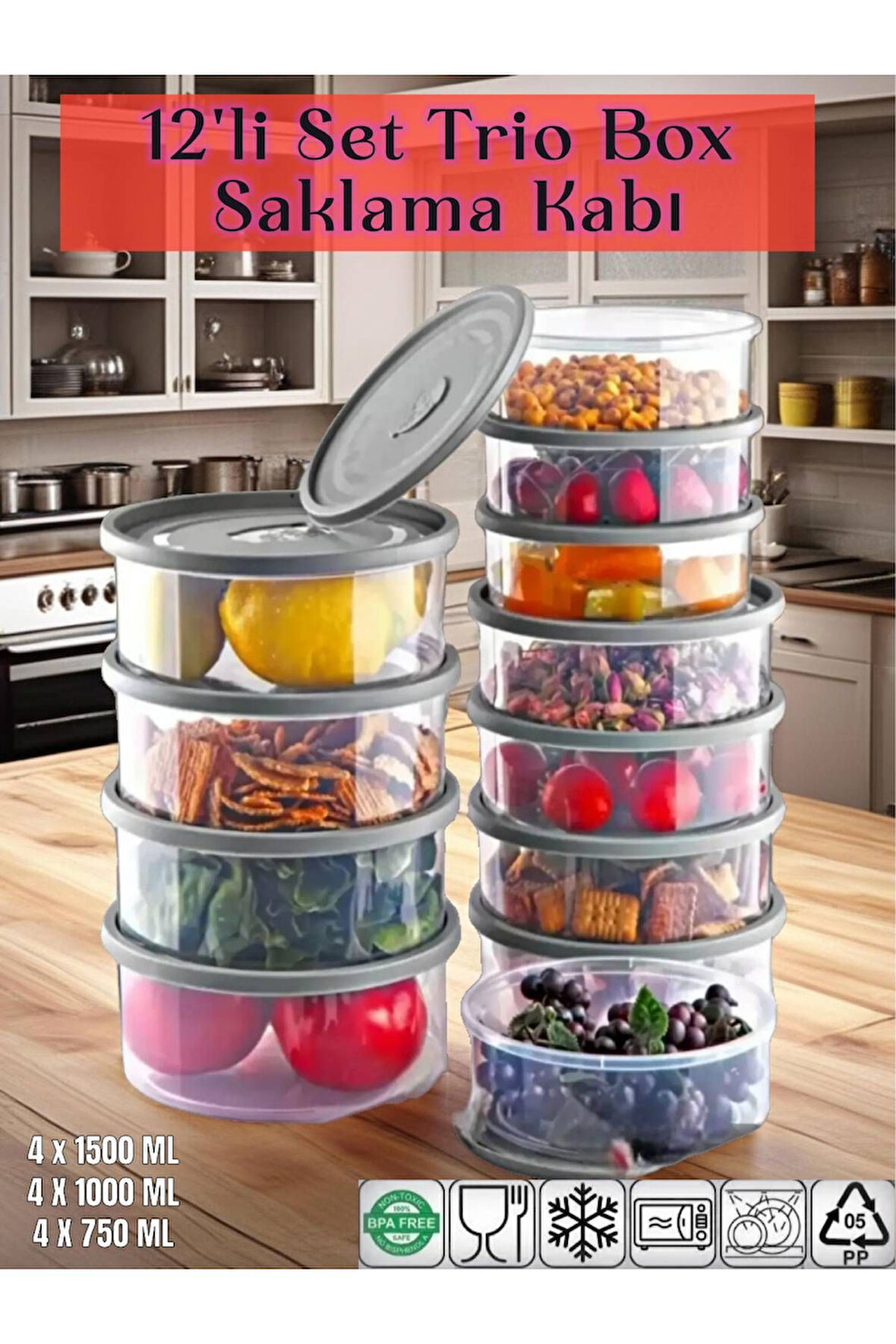 12'li Set Yuvarlak Piknik Seti Mikrodalga & Difriz Uyumlu/Saklama Kabı X4 0,75 Lt/1 Lt/1,5 Lt