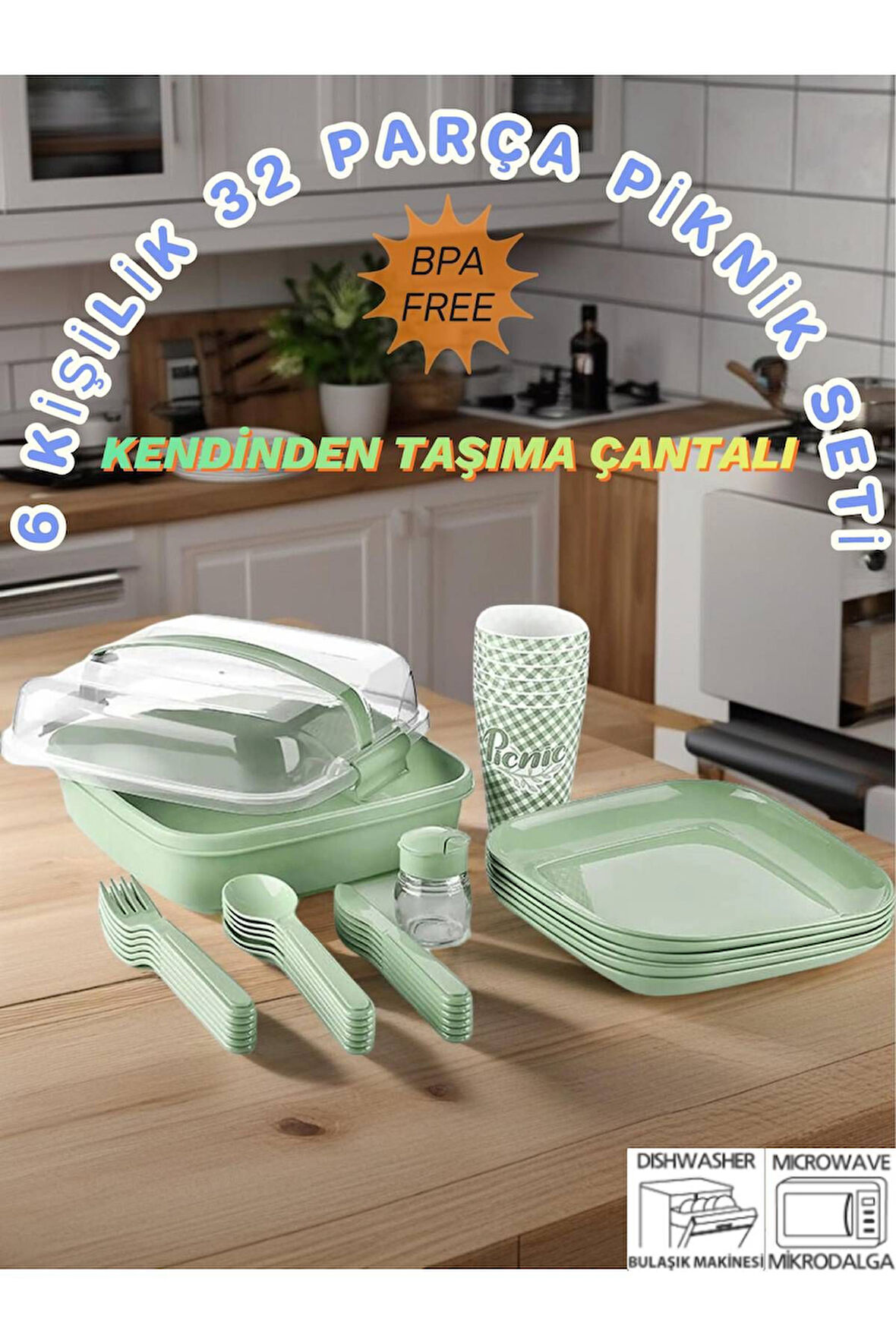6 Kişilik 32 Parça Piknik Seti-Mikrodalga Uyumlu Bulaşık Makinasında Yıkanabilir. ( YEŞİL )