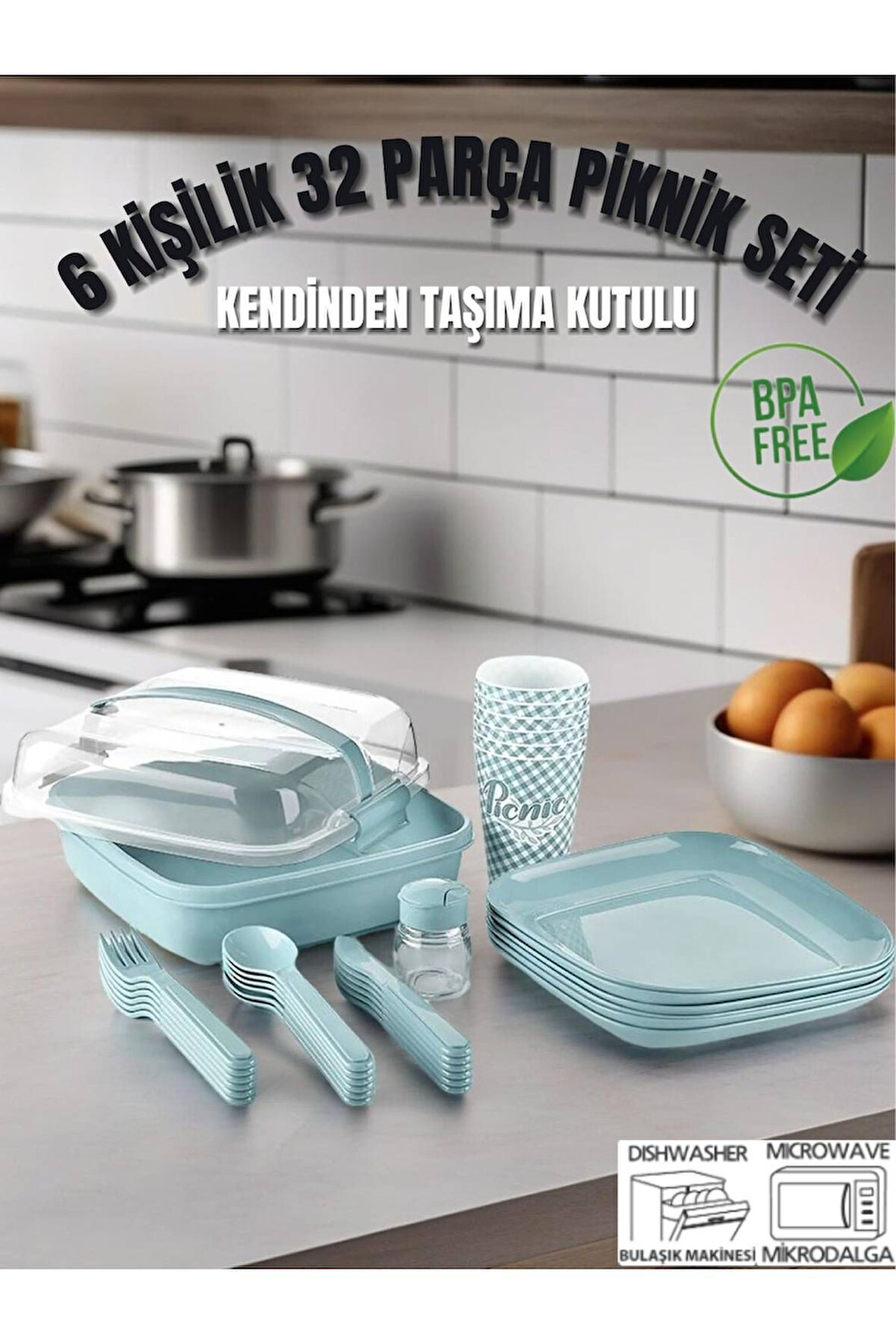 6 Kişilik 32 Parça Piknik Seti-Mikrodalga Uyumlu Bulaşık Makinasında Yıkanabilir. ( MAVİ )