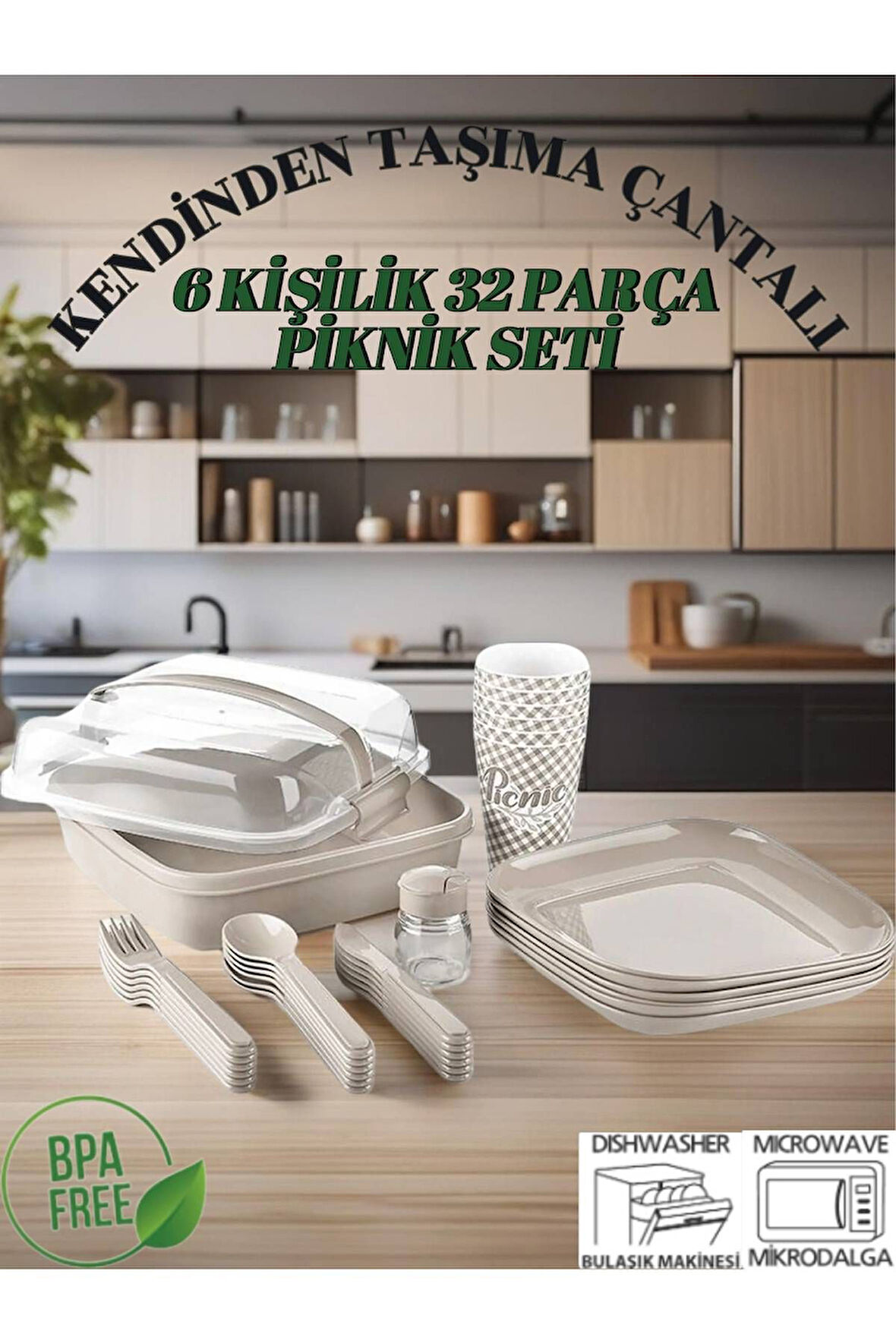 6 Kişilik 32 Parça Piknik Seti-Mikrodalga Uyumlu Bulaşık Makinasında Yıkanabilir. ( GRİ )