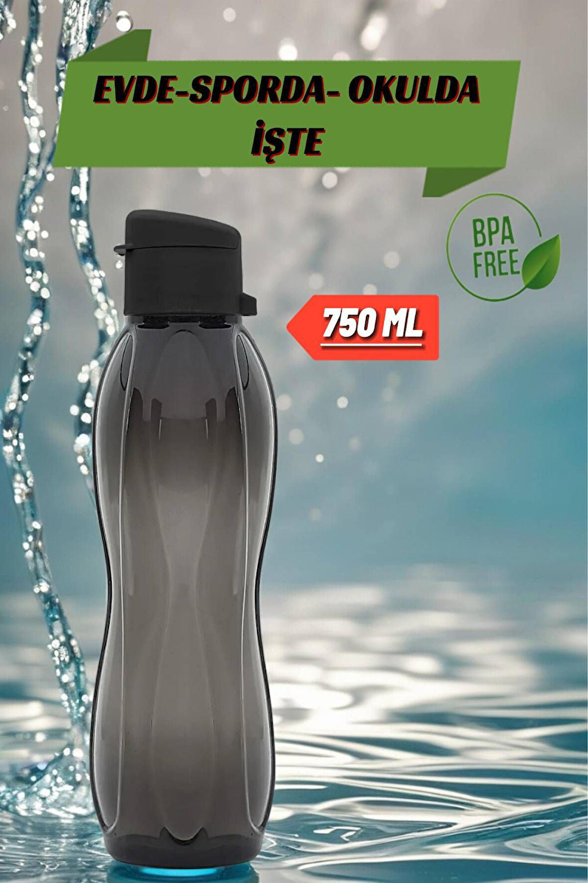 750 ML Su Matarası Eve, Okula, Spora, İş Yerine Uygun & Su Şişesi & Suluk - Siyah